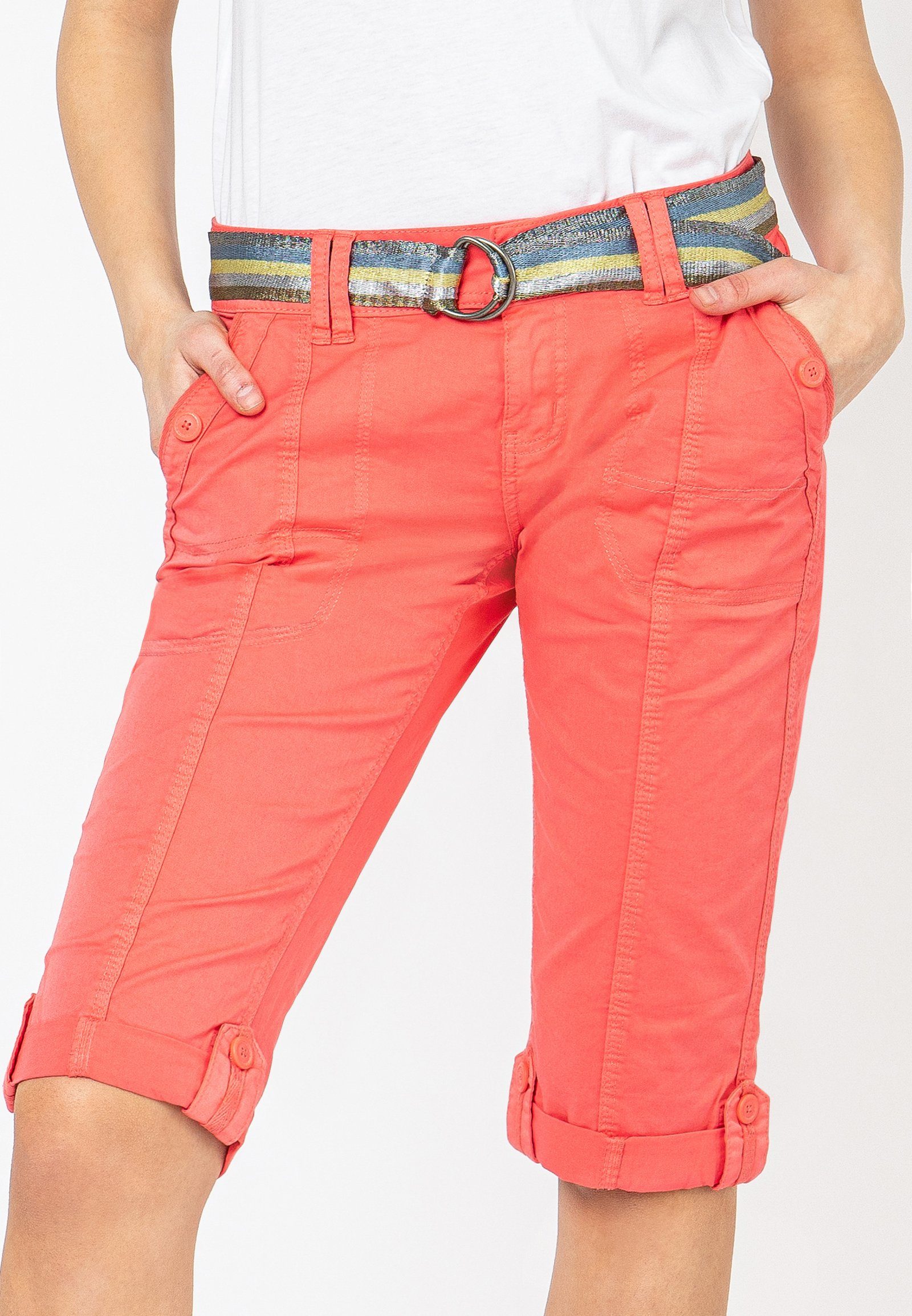 Fresh Made Caprihose Damen Caprihose Sommerhose mit buntem Gürtel Capri kurze Hose Sommerfarben