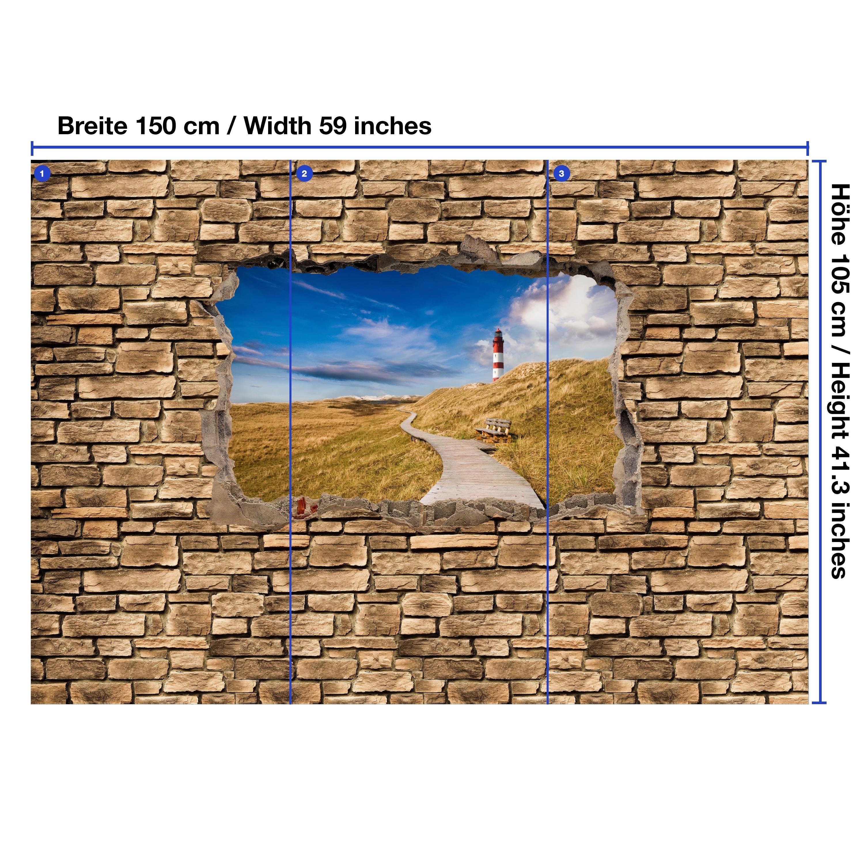Motivtapete, Vliestapete Steinmauer, wandmotiv24 glatt, matt, mit Leuchtturm Holzweg Fototapete Wandtapete, - 3D