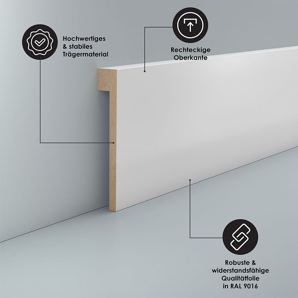 Südbrock Sockelleiste Sockelleiste Abdeckleiste Fliesensockel 19x96 Weiß RAL 9016 Krems, L: 250 cm, H: 10 cm, 1-St.