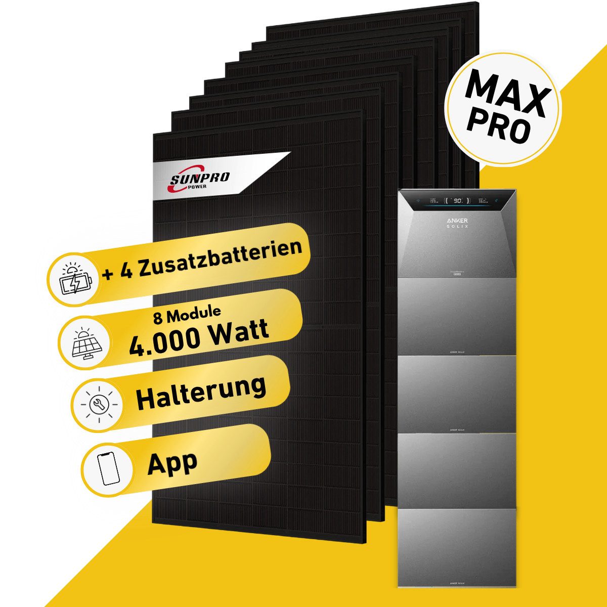 Balkonstrom Balkonkraftwerk 4000W mit Speicher, Anker 4 Pro, Komplettset, Bifazial, 4000 W, Monokristallin, (8x Sunpro Solarmodul á 500 Watt, 1x Anker Solix 4 Pro Solarspeicher E5000, 1-5 Zusatzspeicher BP2705), Halterung für Dach, Fassade, Balkon & Garten, App & Plug&Play DE