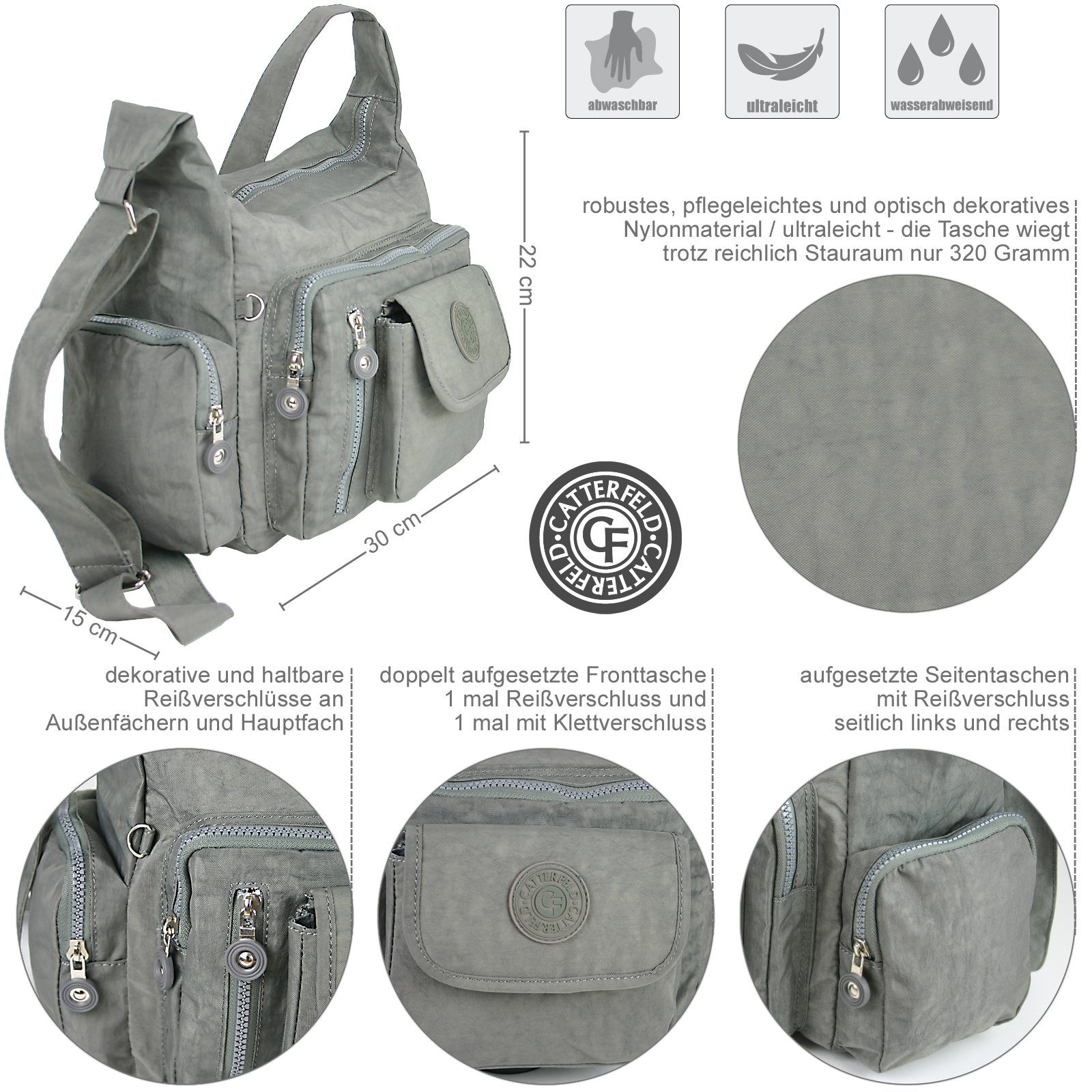CF CATTERFELD Umhängetasche - - Schultertasche leichte Sehr Damen Nylon Grau Freizeittasche