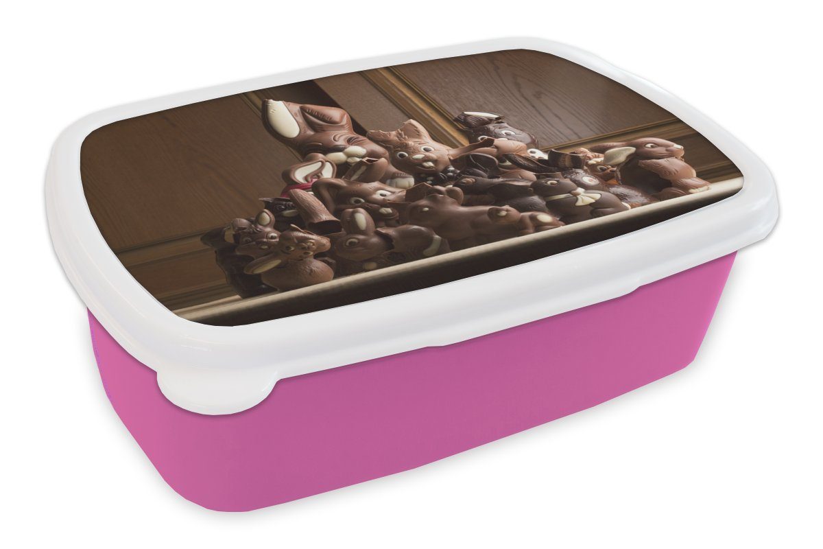 Schokoladenosterhasen, Mädchen, Kinder, Brotdose Kunststoff Brotbox (2-tlg), Lunchbox Ein Snackbox, Kunststoff, MuchoWow Erwachsene, Haufen für rosa verschiedener