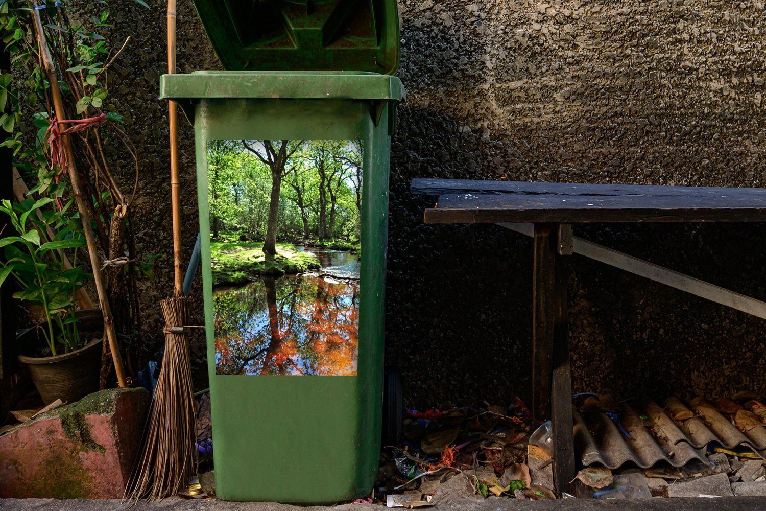 einem Spiegelung National (1 in Container, Wandsticker im Park Forest New Mülltonne, Abfalbehälter Bach Sticker, MuchoWow St), in England Mülleimer-aufkleber,