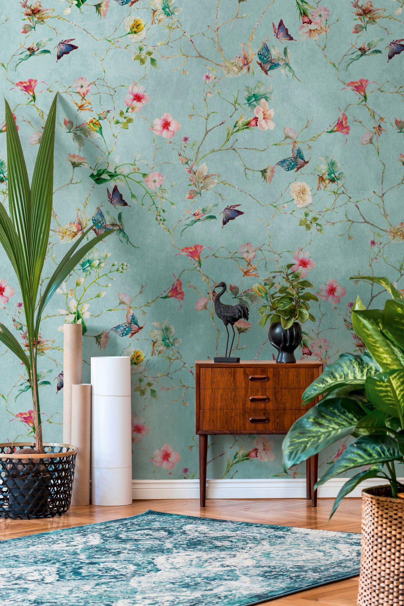 living walls Fototapete The Wall, glatt, floral, animal print, geblümt, Fototapete Blume Tapete Landhaus Türkis Tapeten Wohnzimmer Design Büro