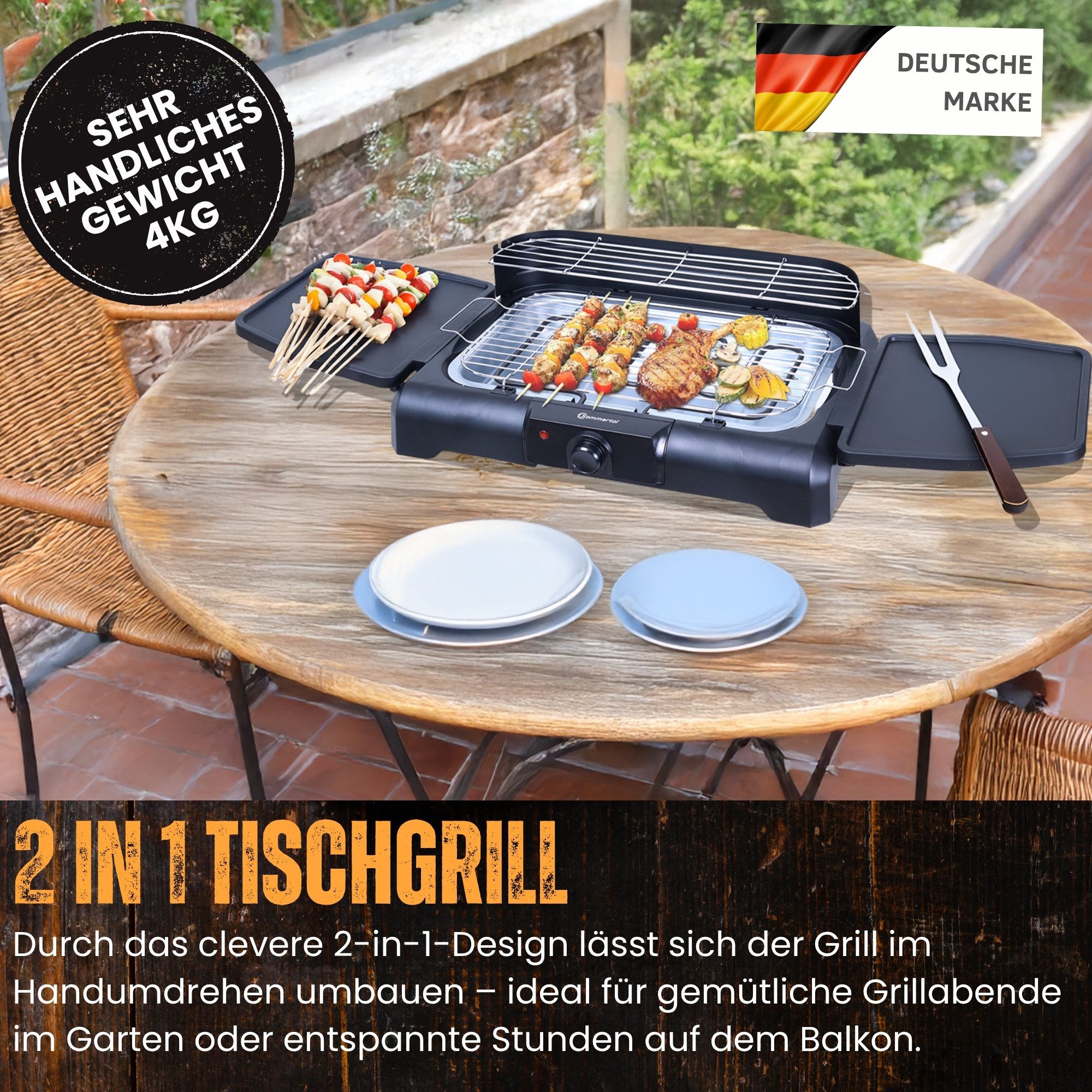 Sommertal Elektrogrill BBQ231 Elektrogrill Balkongrill 2200W Camping Grill, 2200 W, 2in1 Tischgrill mit Standfuß Stufenloser Temperaturregler