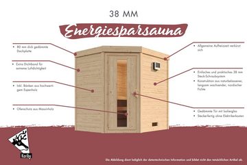 Karibu Sauna "Marvin " naturbelassen mit Ofen 3,6 kW Bio ext. Strg., BxTxH: 196 x 170 x 208 cm, 38 mm, aus hochwertiger nordischer Fichte