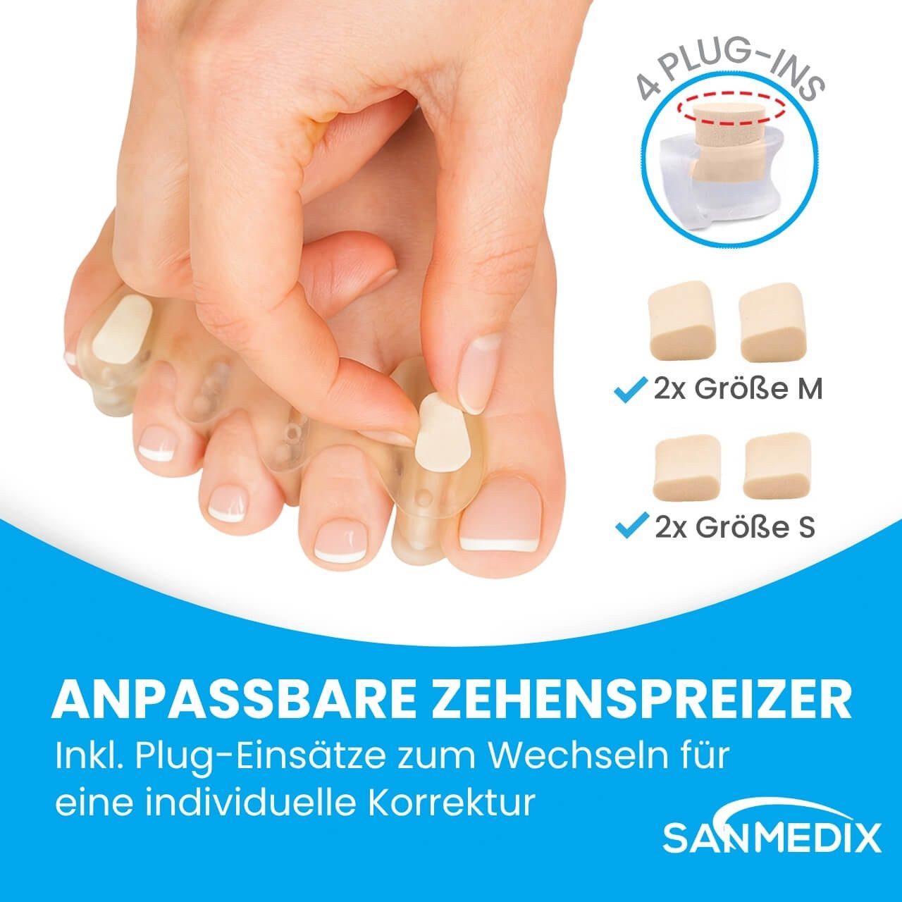 Sanmedix Zehenspreizer für alle Zehen - mit Plug-In System aus Silikon für Damen & Herren, 2 Paar (4 Stück + 4 Plug-Ins), Zehenstrecker Korrektur Set gegen Hallux Valgus, Ballenzehen uvm.