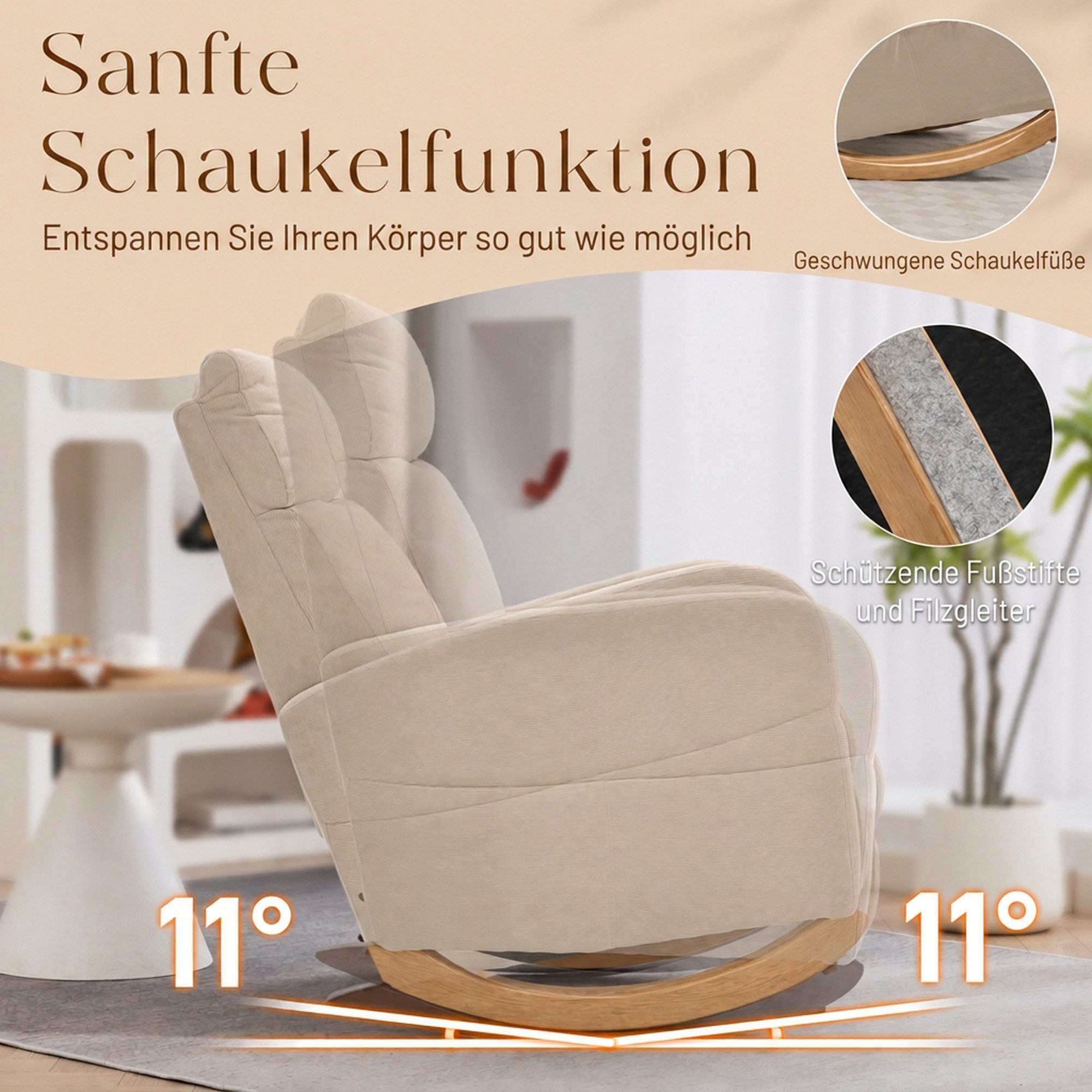 HOMCOM Schaukelstuhl Schaukelsessel mit Cordstoff, Schwingsessel für Kinderzimmer (nicht anwendbar, 1 St), mit Armlehnen, hohe Rückenlehne, Stauraumtaschen – Bild 4 von 5