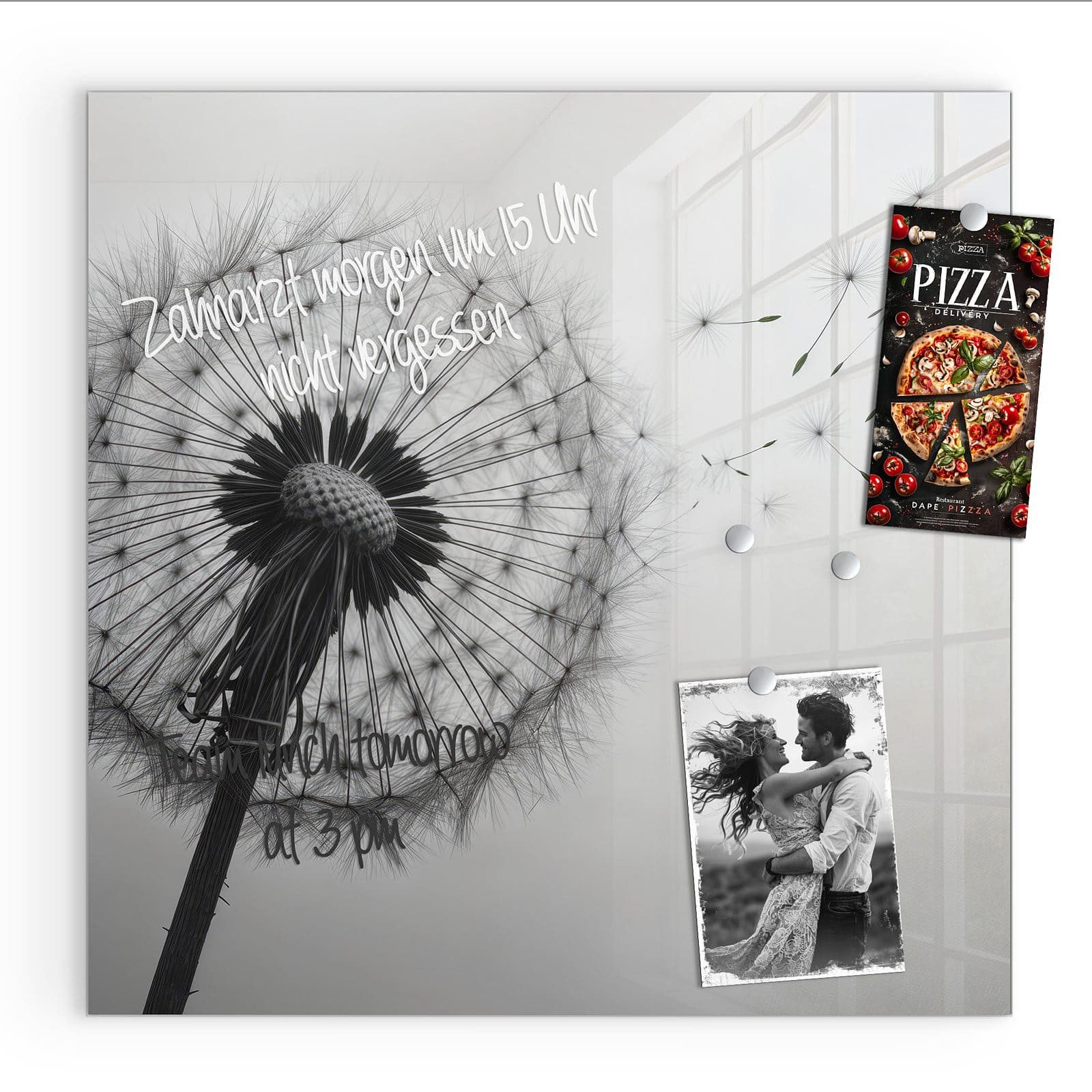 Primedeco Magnettafel Glas Pusteblume im Wind Pinnwand Whiteboard beschreibbar, (Inklusive Stift, Magnete und Montagematerial, 1-tlg., 9 verschiedene Größen), Magnetisch und Beschreibbar