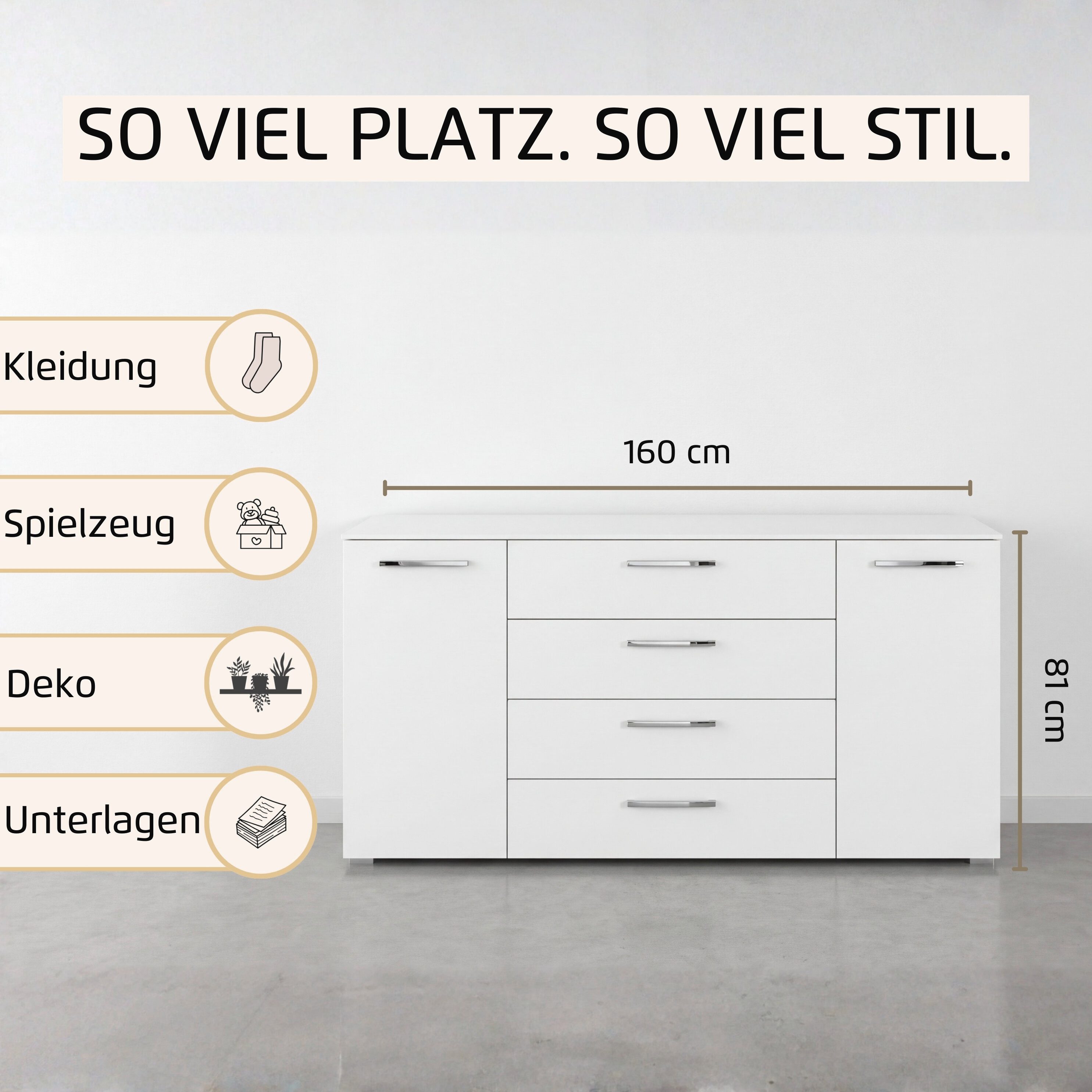 rauch Kombikommode Sideboard Schubkommode Kommode MONTCLAR Front Dekor/Hochglanz/Glas (Breite 160 / Höhe 81 cm, 2 Einlegeböden, inkl. Soft-Close-Funktion), 2-türig, 4 geräumige Schubladen, viele Griffvarianten MADE IN GERMANY