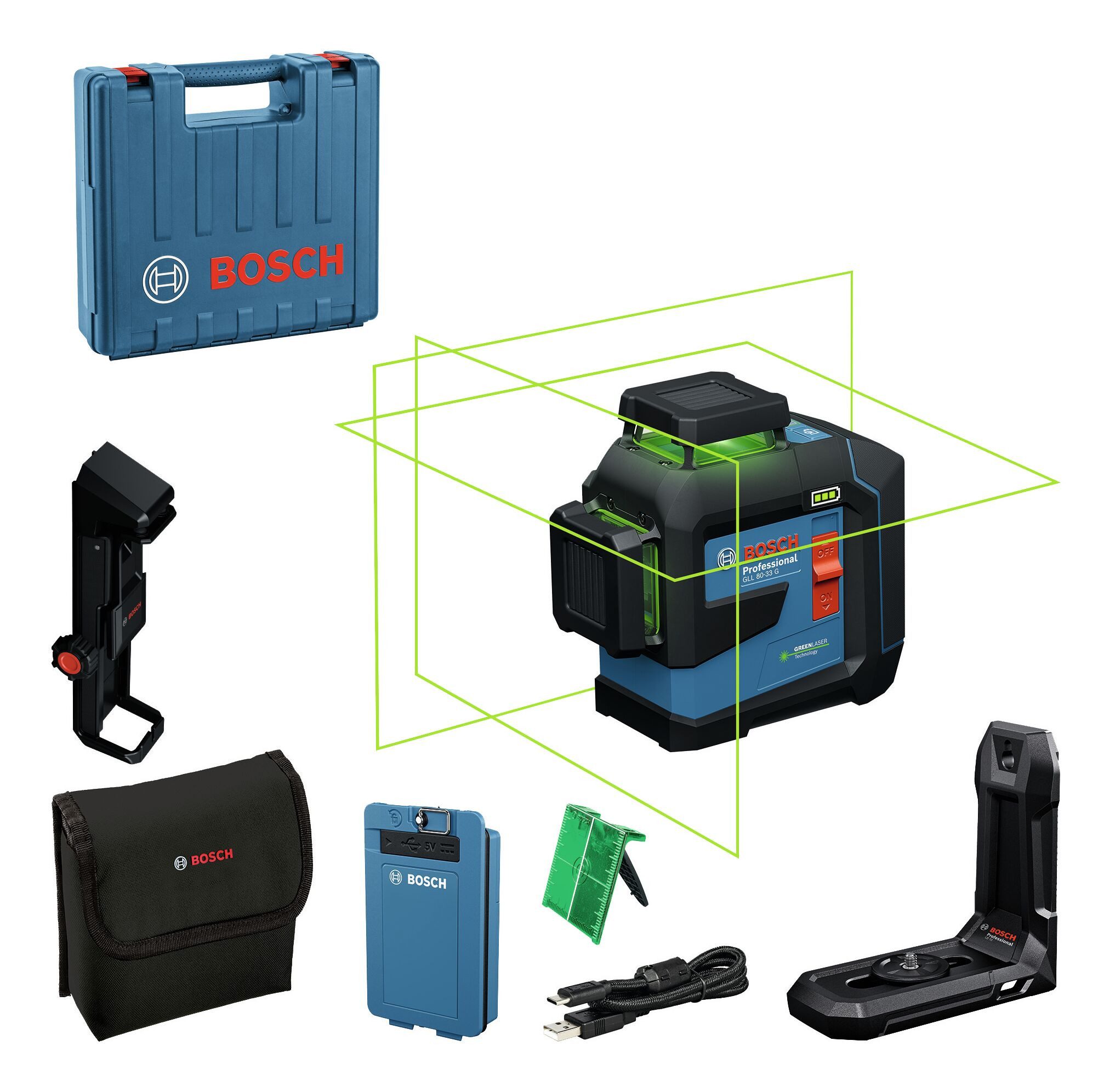 BOSCH Punkt- und Linienlaser GLL 80-33 G, Mit 1x Akku 3 Ah, Tasche & USB-C-Kabel - im Handwerkerkoffer