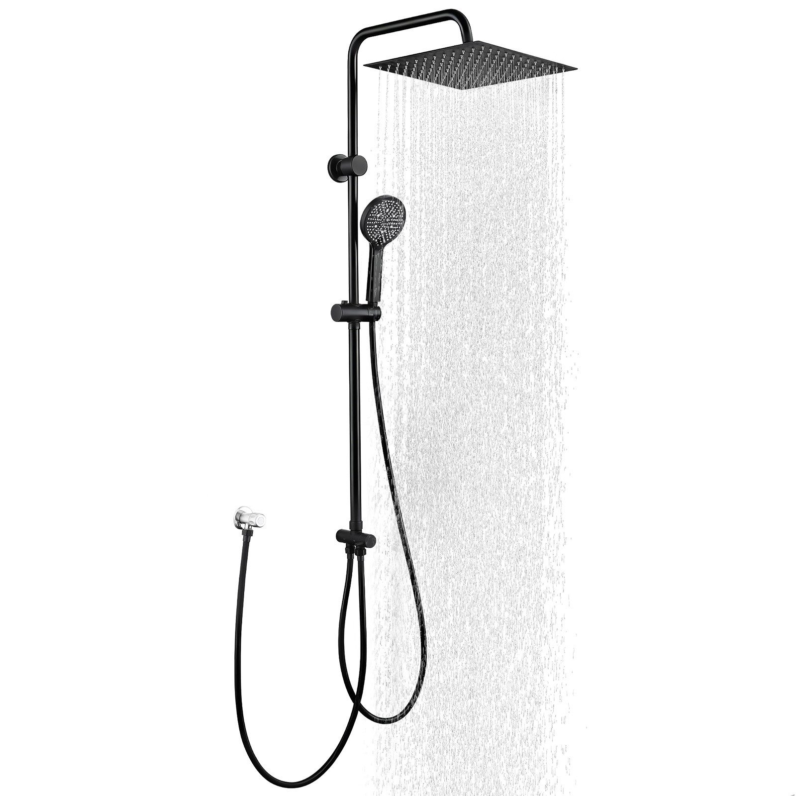 HOMELODY Duschsystem 30cm Regendusche Edelstahl Schwarz Chrom Rund Eckig, 5 Strahlarten Handbrause, höhenverstellbar, ohne Neubohren,Schwarz
