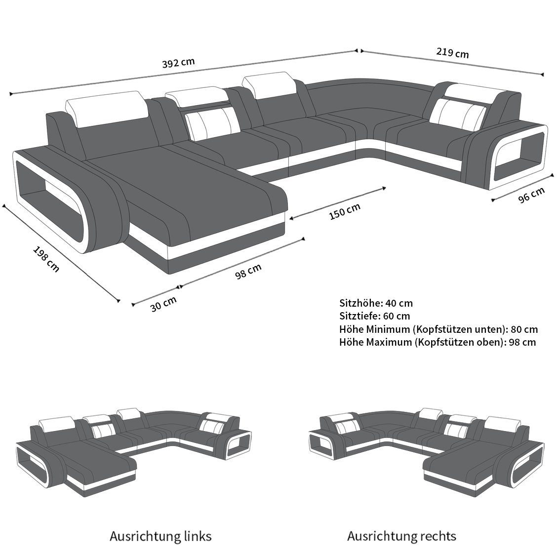 Sofa Rot-Schwarz Form Couch Schlafsofa, Stoff C134 Designersofa LED, Dreams Bettfunktion Stoffsofa, U mit Sofa Wohnlandschaft als Polster mit wahlweise Berlin