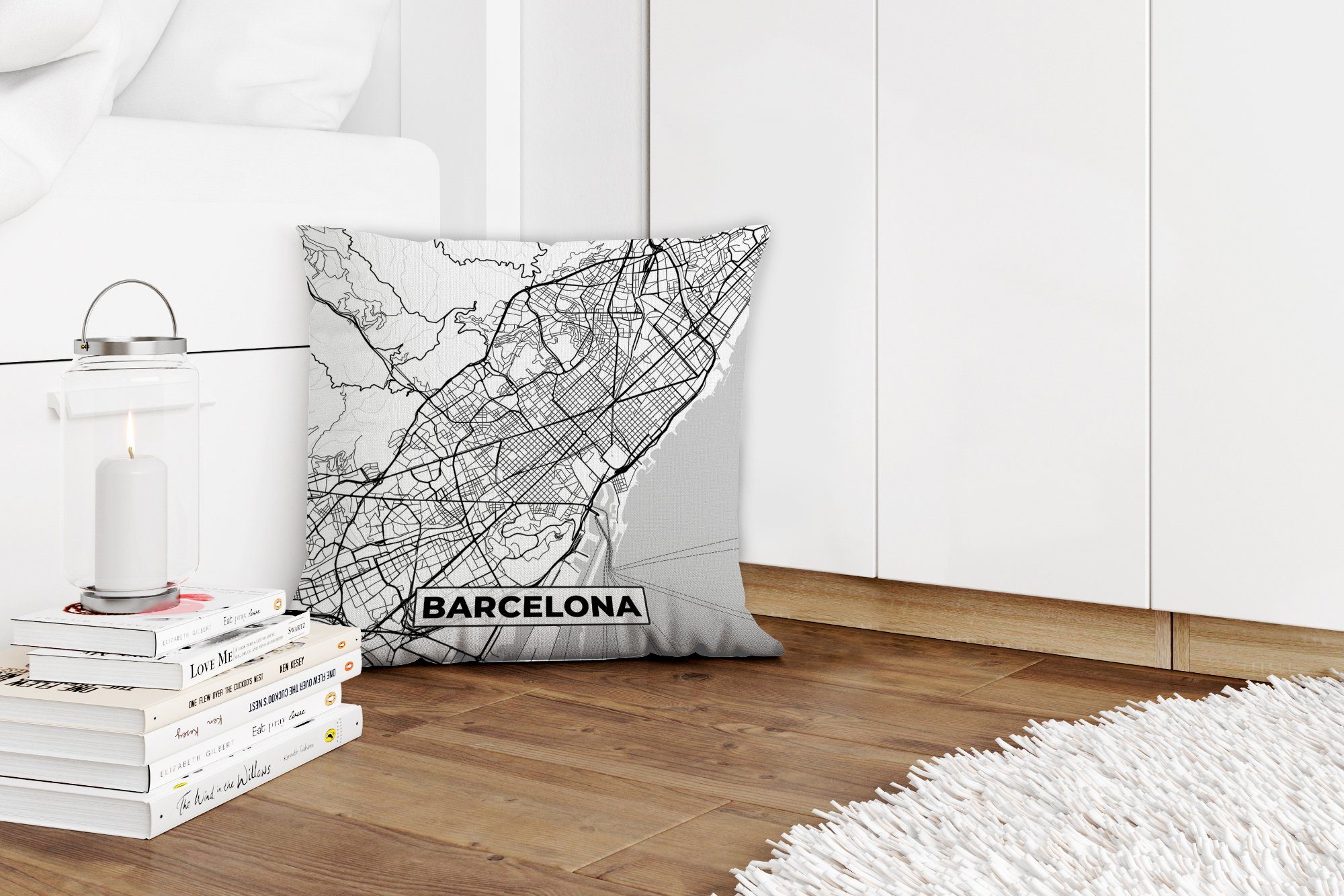 Stadtplan und - weiß, Füllung Karte Zierkissen mit für Barcelona - - Deko, Dekokissen Wohzimmer, Sofakissen MuchoWow Schwarz Schlafzimmer,