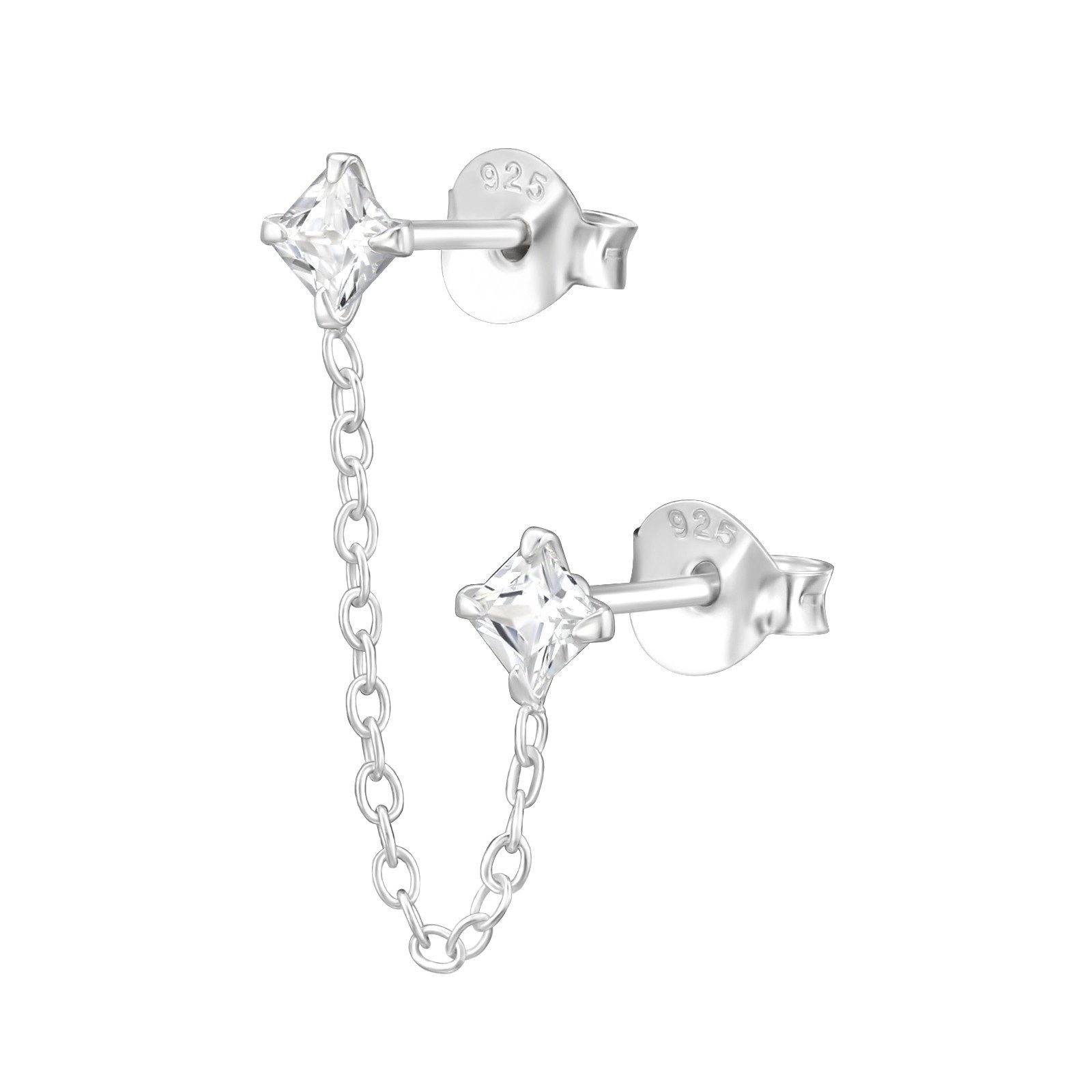 BUNGSA Single-Ohrstecker Ohrstecker Doppelstecker mit Kristall und Kette aus .925 Silber Damen (1 Stück, 1-tlg), Ohrschmuck Ohrringe