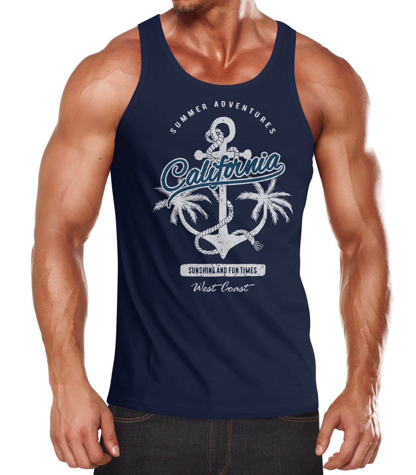 Neverless Tanktop Herren Tank-Top Anker Palmen Anchor Palms Muskelshirt Muscle Shirt Slim Fit Baumwolle Neverless® mit Print