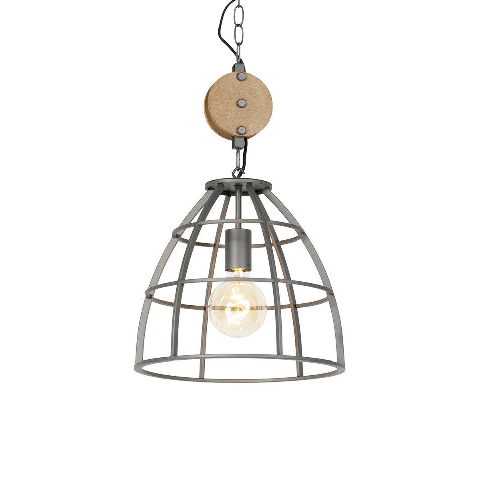 Qazqa Pendelleuchte Arthur, ohne Leuchtmittel, E27, Dunkelgrau, Industrie, Holz, 1-flammig