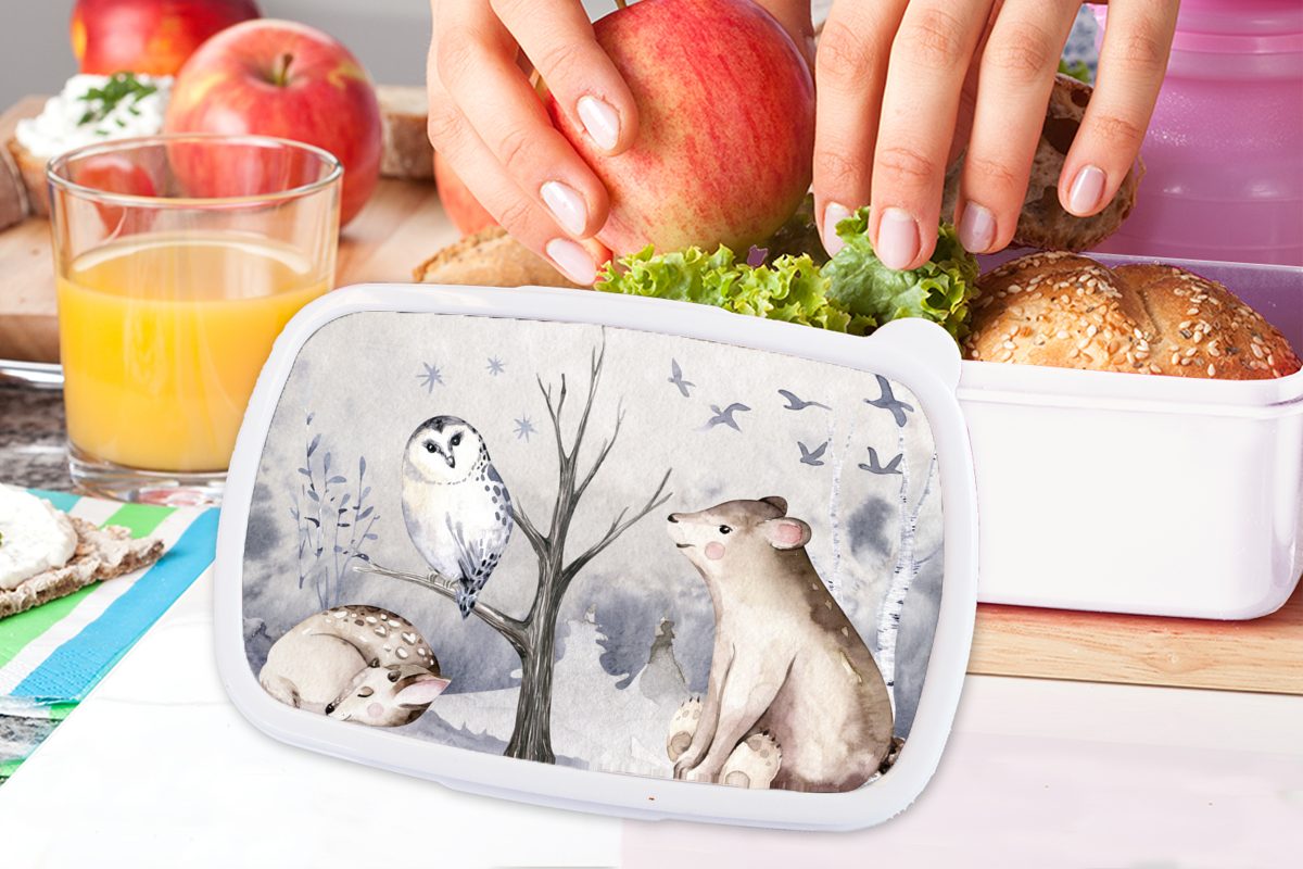 MuchoWow Lunchbox Winter - Bär, für für Kunststoff, - Hirsch Brotdose, weiß Jungs Erwachsene, und Brotbox und Eule Kinder (2-tlg), Mädchen 