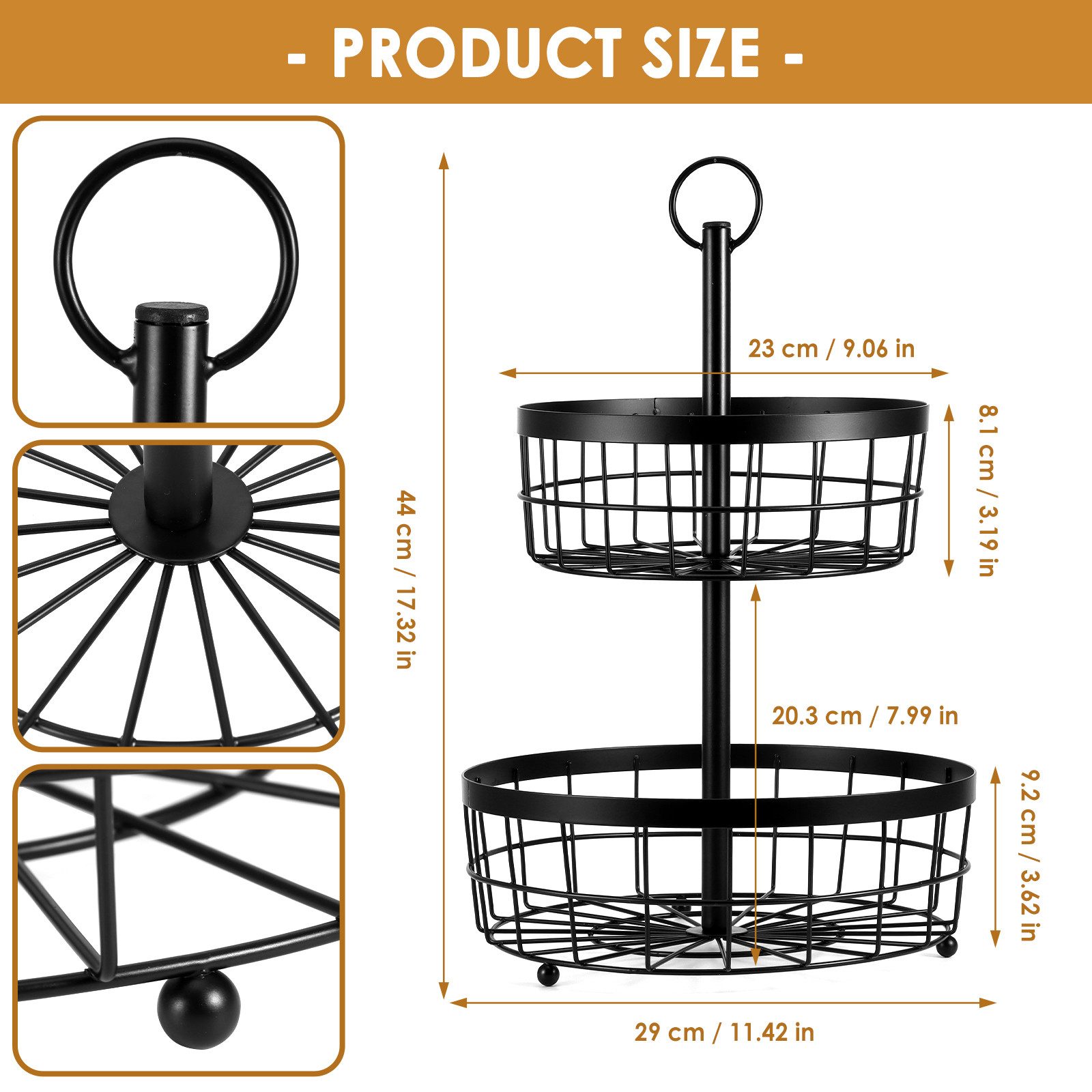 BlingBin Obstschale 2 Etagen Obstkorb Metall, Rund Obst Etagere - Ø23 und 30 cm, Schwarz, Schmiedeeisen, (1er Set, 1-tlg), Obstschale Lagerung Küchenregal für Kuchen, Süßigkeiten, Gemüse