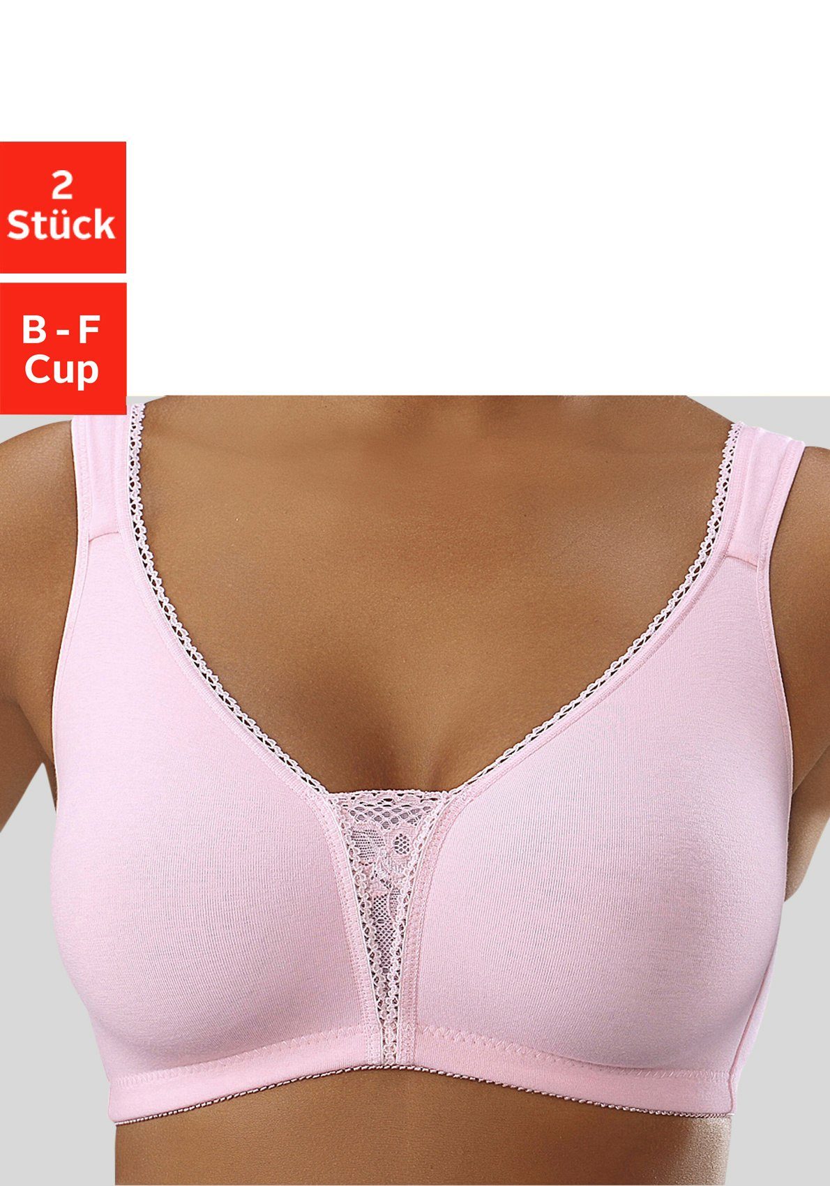 petite fleur Soft-BH (Packung, 2 rosa+weiß Stück) mit Spitzen-Details, ohne Bügel Dessous Basic