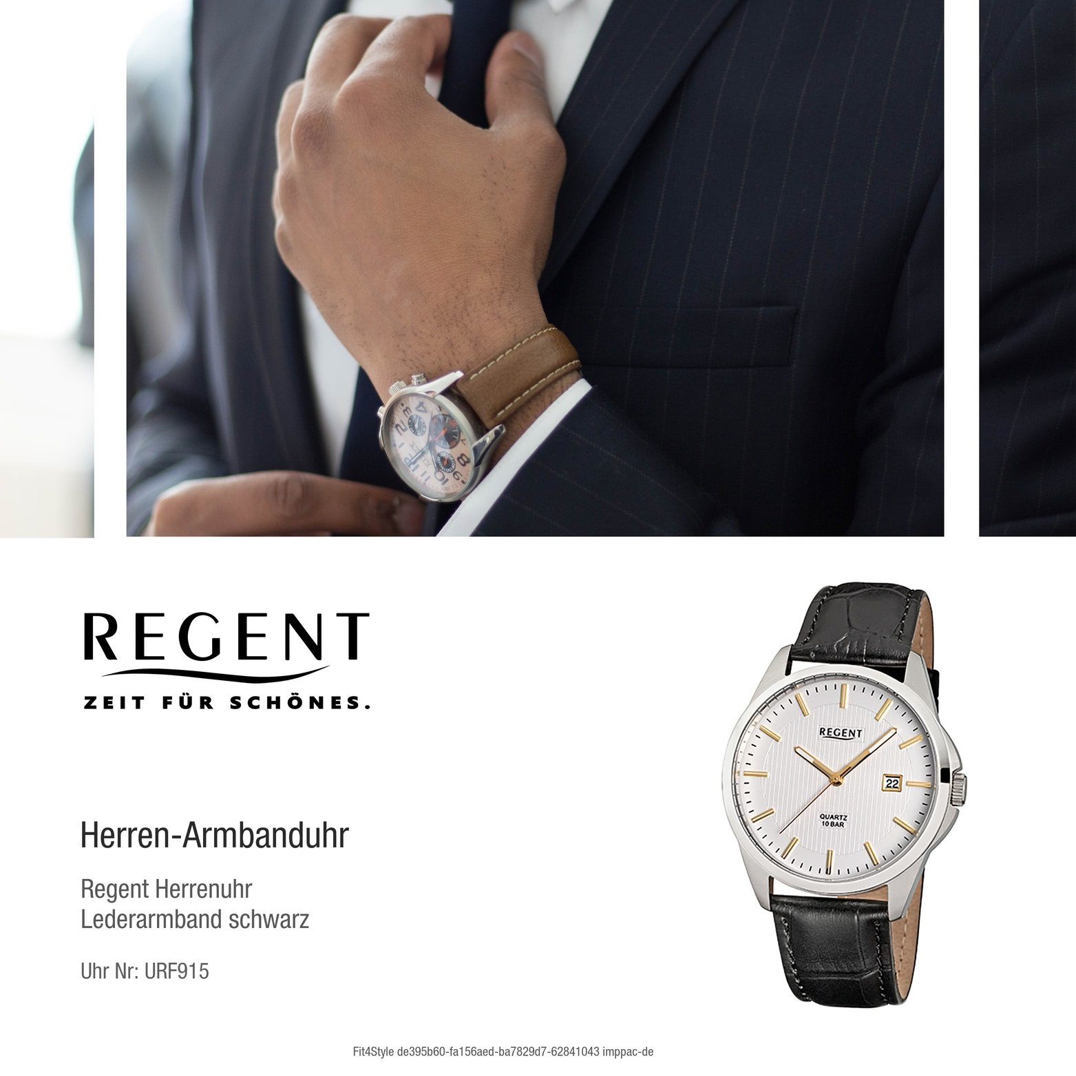 Regent Quarzuhr Regent Leder Herrenuhr mit Uhr F-915 Gehäuse, (ca. Quarzuhr, rundes mittel Lederarmband, Herren Elegant 39mm)