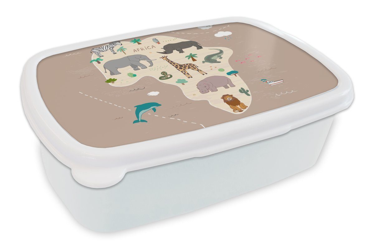 MuchoWow Lunchbox Weltkarte - Kinder - Afrika - Tiere - Jungen - Mädchen, Kunststoff, (2-tlg), Brotbox für Kinder und Erwachsene, Brotdose, für Jungs und Mädchen weiß