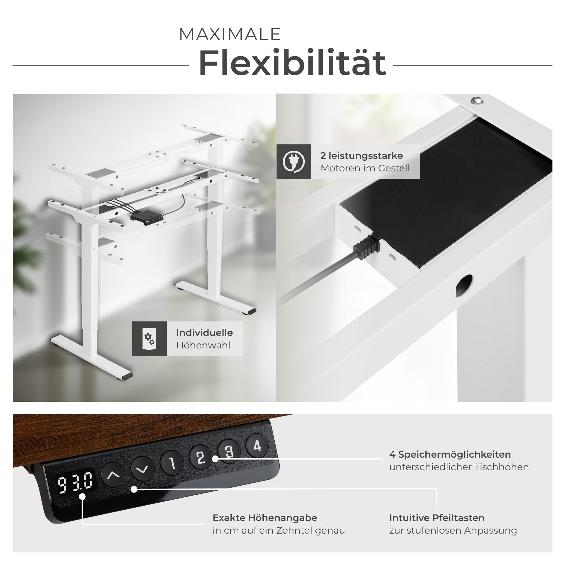 tectake Tischgestell Schreibtischgestell, Belastbarkeit 100 kg, 110-168 x 60 x 60-125 cm (Tischuntergestell Twain, 1-St., in weiß), Flexibler Tischrahmen in moderner Optik