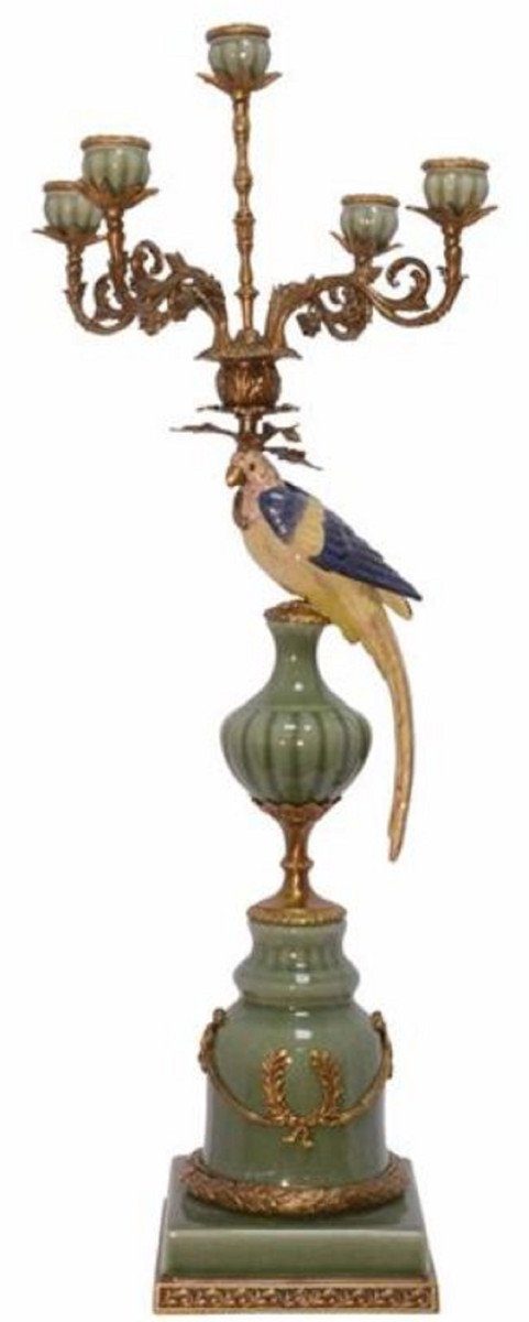 Casa Padrino Kerzenhalter Jugendstil Kerzenhalter mit dekorativem Papagei Mehrfarbig / Messing 35,5 x 35,5 x H. 83,5 cm - Deko Accessoires