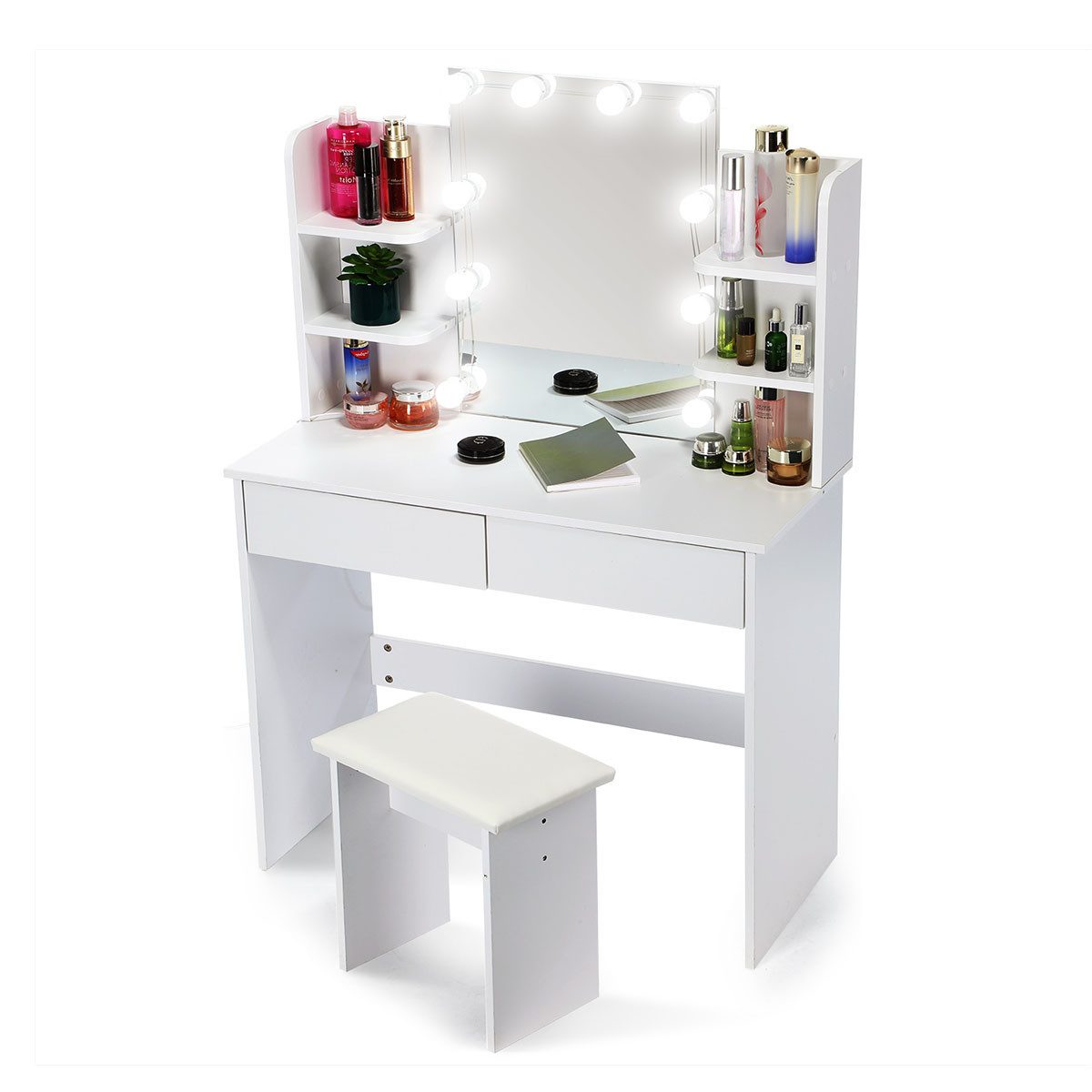 Schminktisch Hollywood Schminktisch mit Spiegel, 10 LED mit 2 Schubladen und Hocker