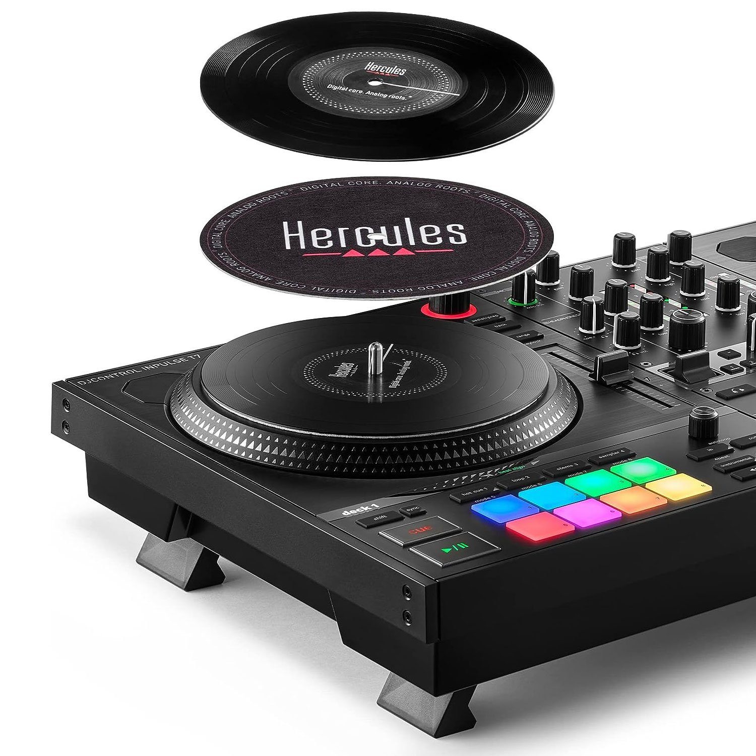 HERCULES DJ Controller Hercules DJ Control Inpulse T-7 mit Laptopständer BK, (Inkl DJ-Software), DJ-Controller mit authentischem Plattenspieler-Feeling
