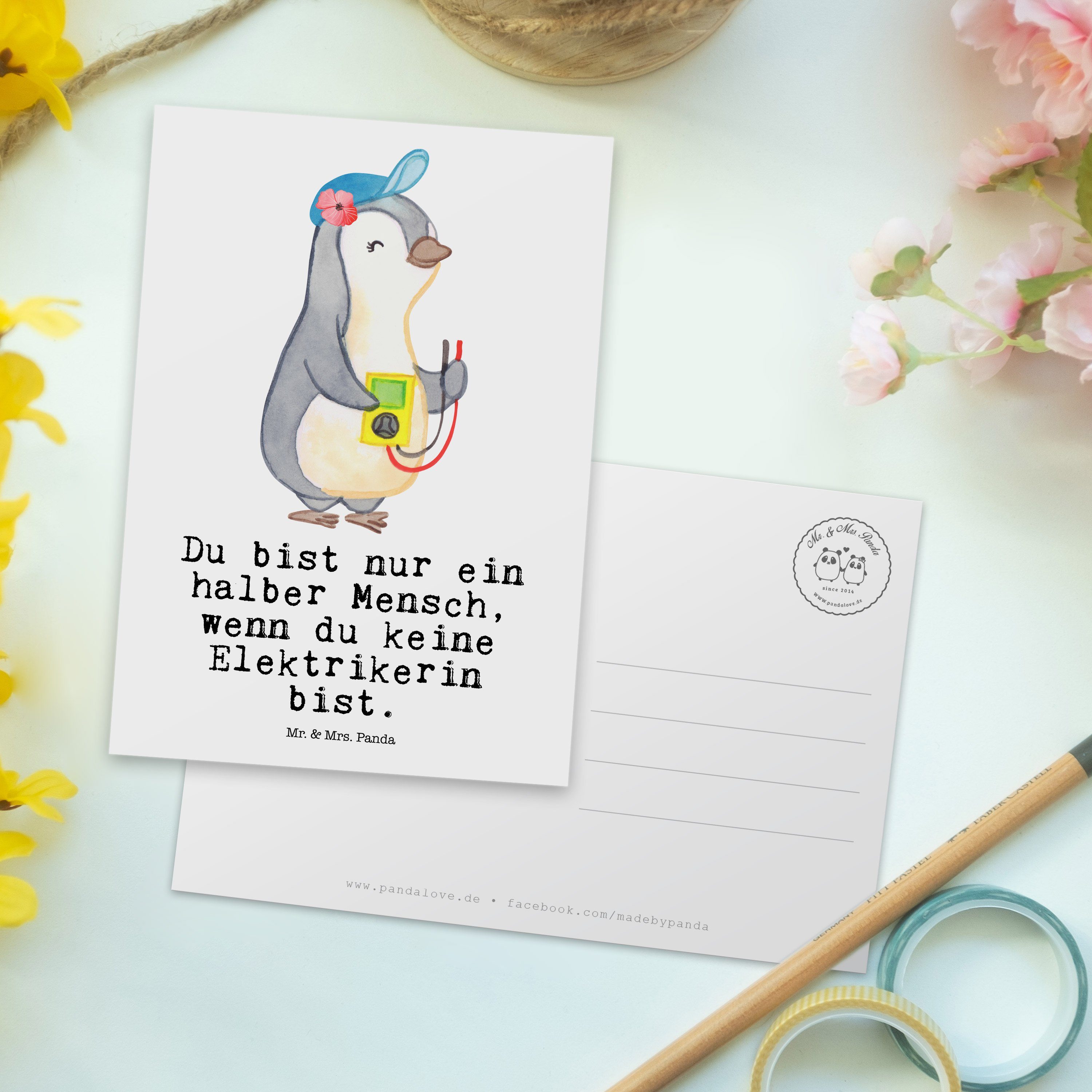 Mrs. mit Panda Postkarte Elektrikerin & Herz Elektrotec Geschenk, - Mr. - Weiß Elektromeisterin,