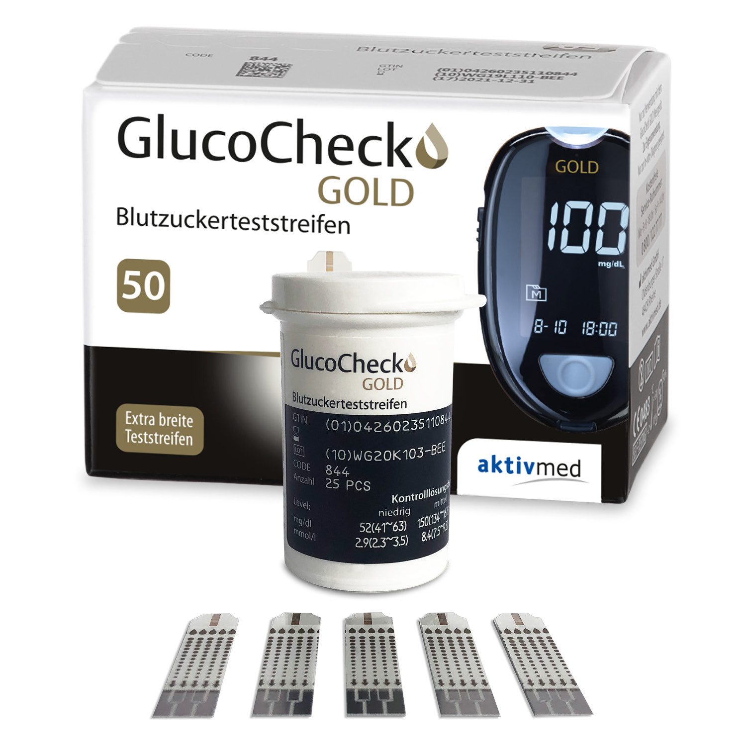 GlucoCheck Blutzucker-Teststreifen GlucoCheck GOLD Blutzuckerteststreifen, 50 Stück, 50-tlg.