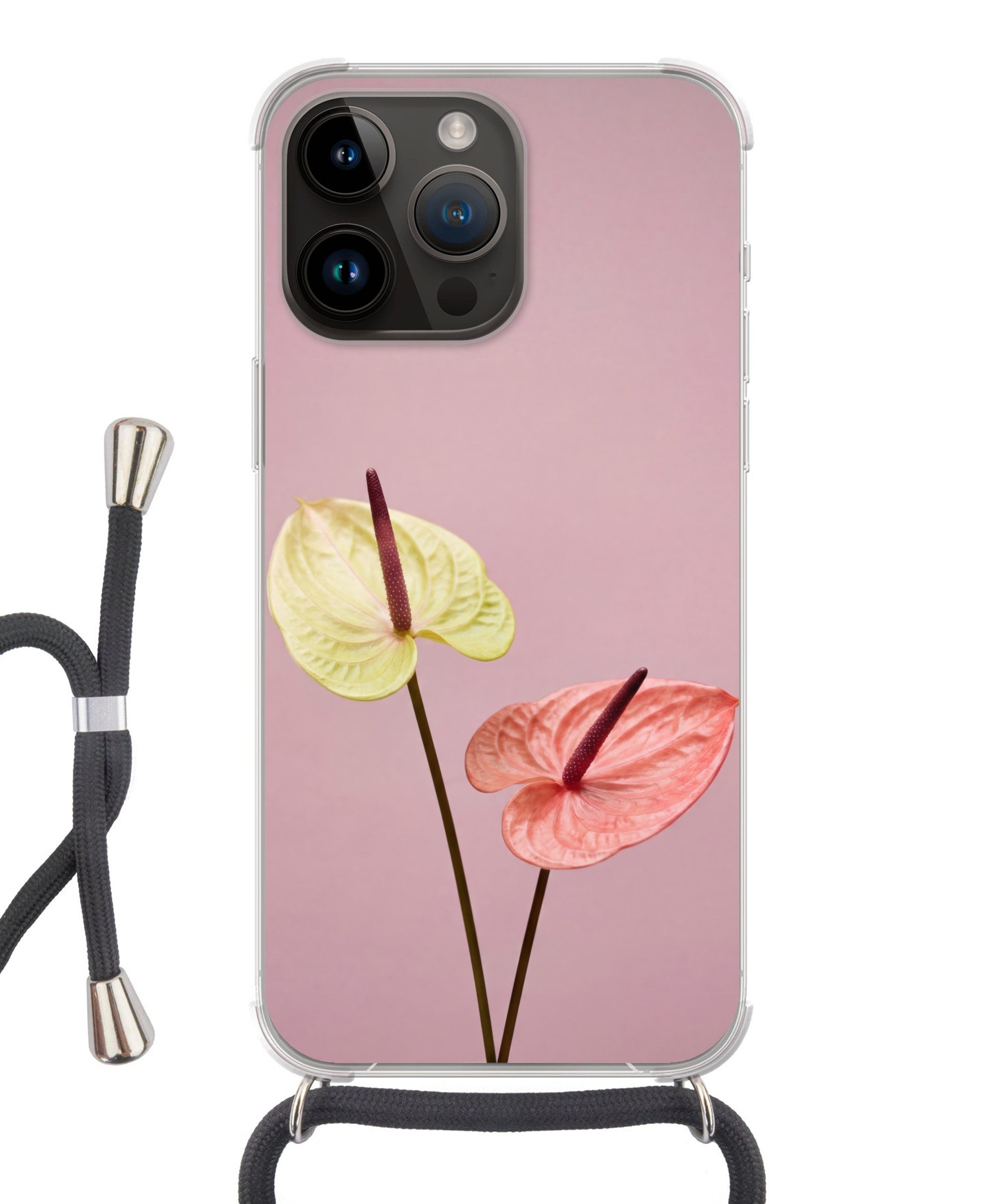MuchoWow Handyhülle für Apple iPhone 14 Pro Blumen - Anthurien - Gelb - Rosa, Tragbare Handyhüllen mit Kette zum umhängen, Handykette Handyband