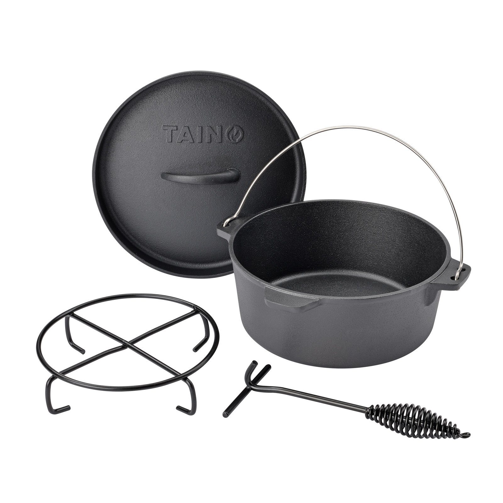 TAINO Feuertopf Dutch Oven, Gusseisen (1-tlg., 1x TAINO Dutch Oven 4L inkl. Deckelheber und Topfständer), 4L, Ø 25cm, Gusseisen, Schmortopf, inkl. Deckelheber, Schwarz