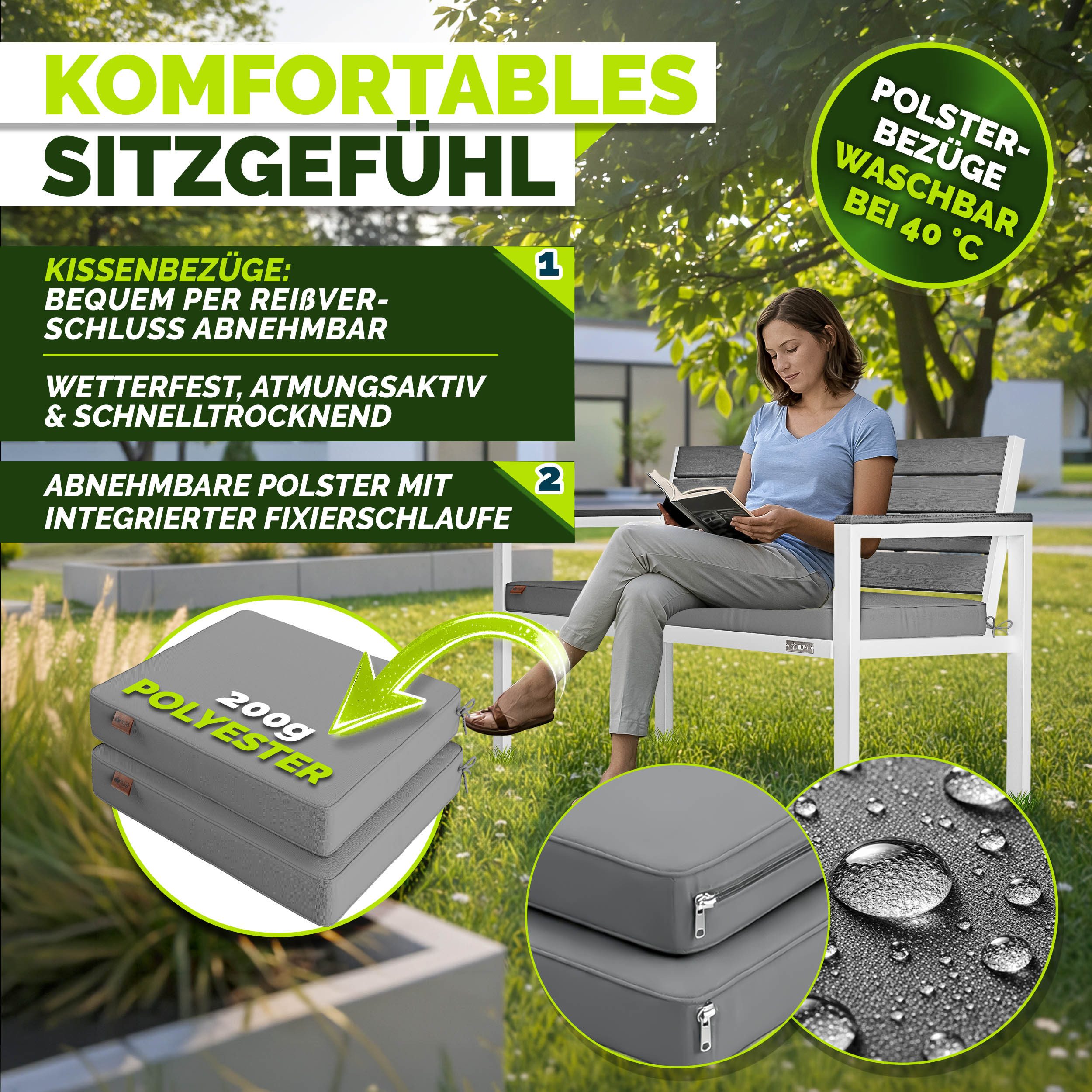 tillvex Gartenbank tillvex® Gartenbank mit Abdeckung & Kissen in Holzoptik bis 300kg (Garten Terrasse Balkon mit waschbarem Bezug, Parkbank in Holzoptik belastbar UV-beständig Sitzbank), Wetterfest 2-3 Sitzer mit Abdeckung & Kissen bis 300 kg