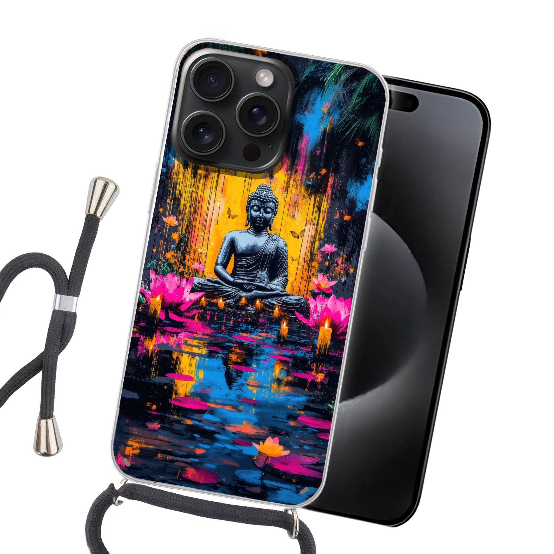 MuchoWow Handyhülle für Apple iPhone 15 Pro Max Buddha - Blumen - Kerzen - Gelb, Tragbare Handyhüllen mit Kette zum umhängen, Handykette Handyband