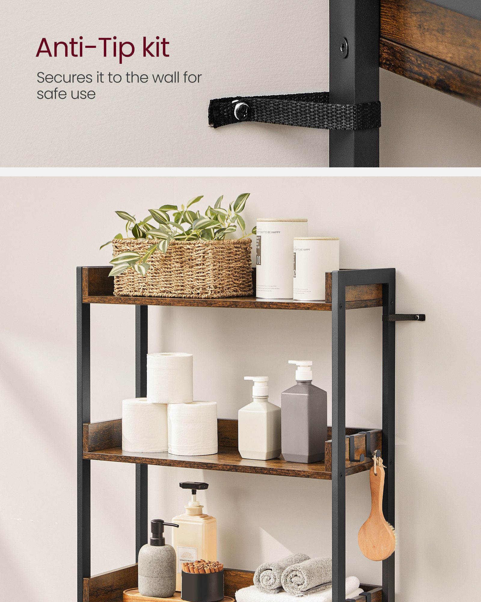 VASAGLE Badregal Toilettenregal, Waschmaschinenregal,Badezimmerregal, 3 offenen Ablagen