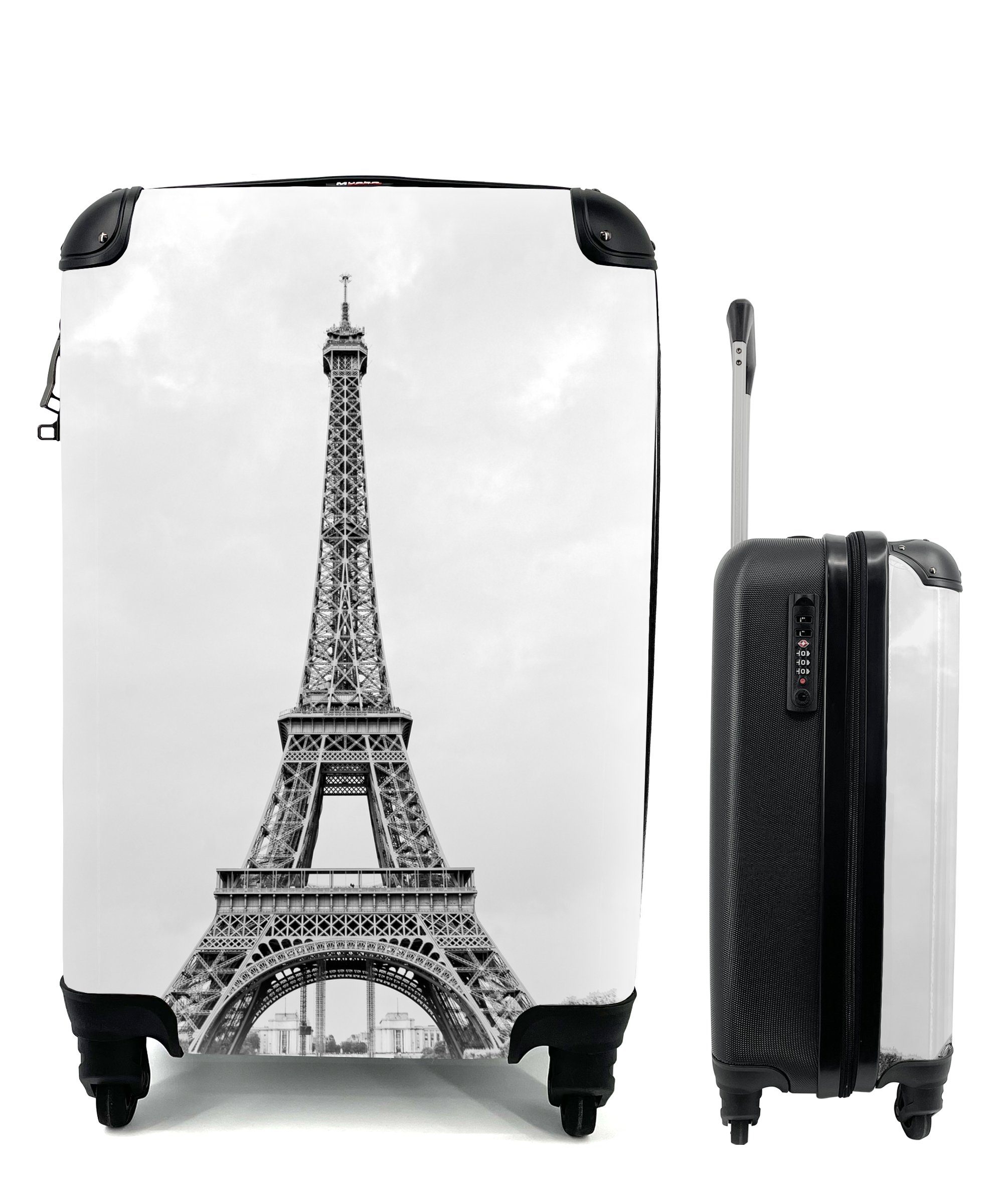 MuchoWow Handgepäckkoffer Schwarz-Weiß-Foto des Eiffelturms, 4 Rollen, Reisetasche mit rollen, Handgepäck für Ferien, Trolley, Reisekoffer