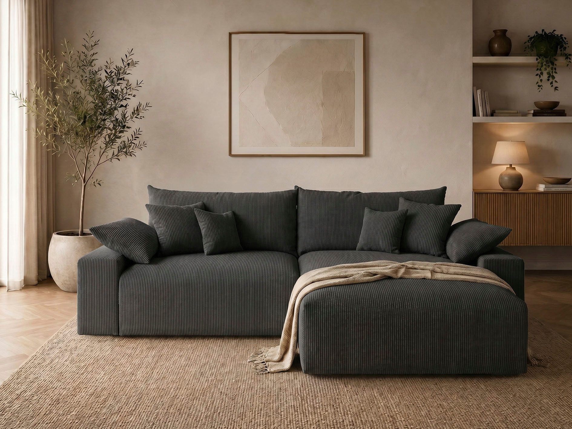 OTTO home Ecksofa Amici L-Form, B: 302 cm, Mega-Sofa in Boucle und Cord, Couch mit Federkern & 6 Zierkissen, frei stellbar