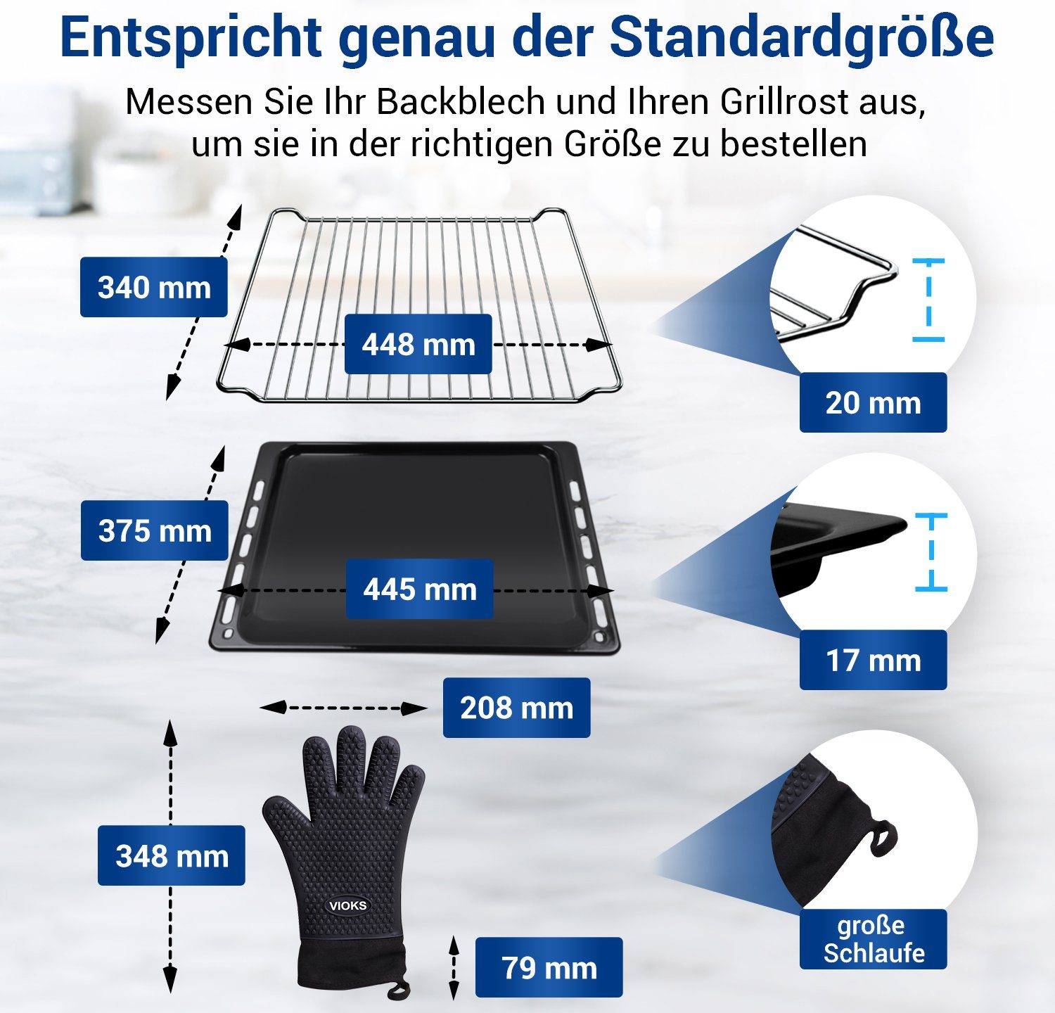 VIOKS Backblech Grillrost Set Ersatz für Bauknecht 481241838128, mit 2 Silikon Ofenhandschuhen für Backofen