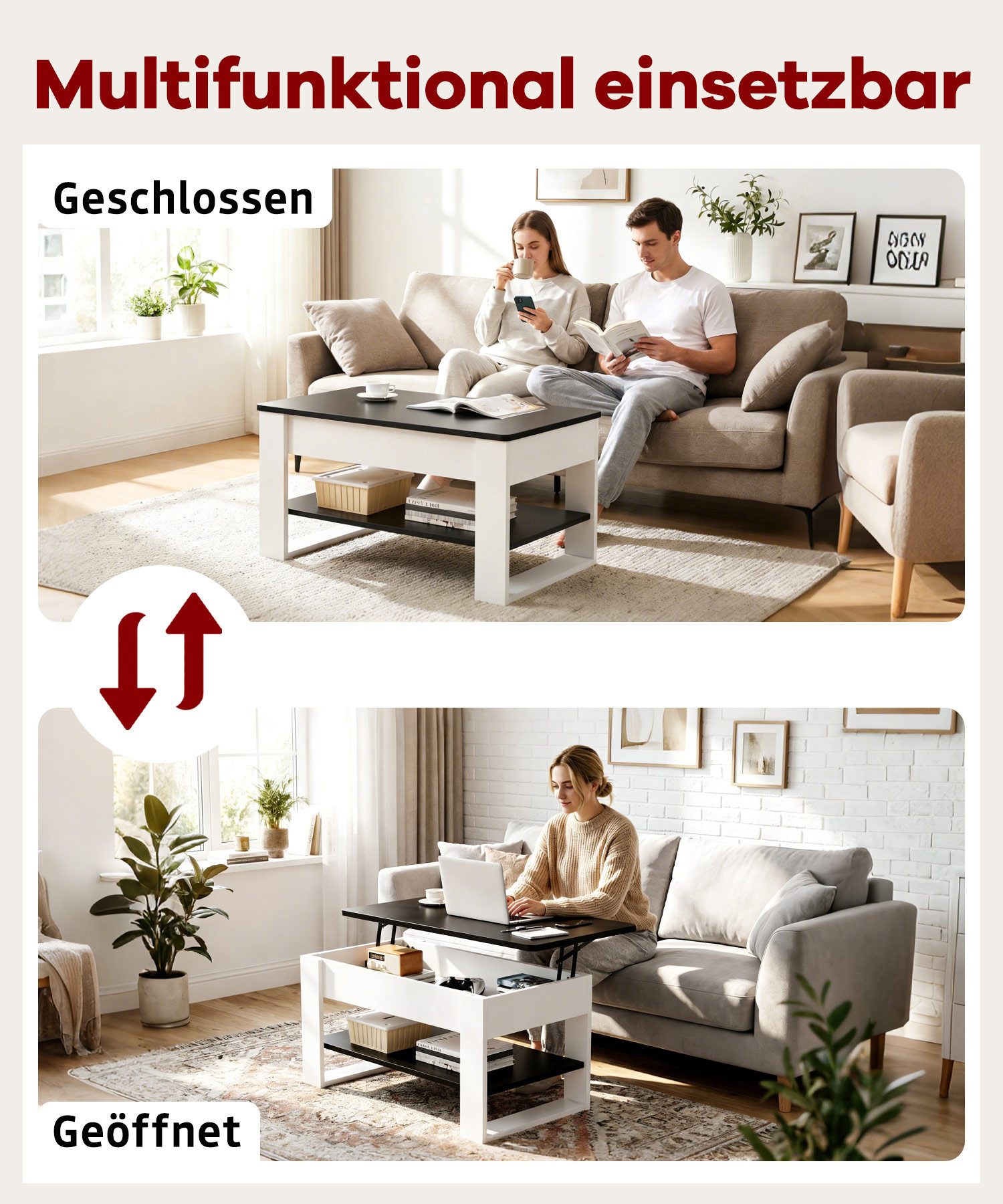 Yorbay Couchtisch Höhenverstellbar 46-60cm mit Gasfeder & verstecktem Fach, Sofatisch mit Stauraum, Wohnzimmertisch, stabil bis 80kg – Bild 5 von 5