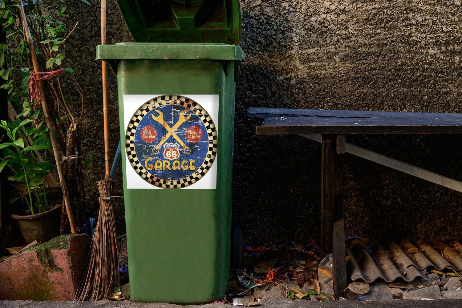 Route 66 Sticker, MuchoWow - Mülleimer-aufkleber, - St), - Mülltonne, (1 Abfalbehälter Vintage Container, Wandsticker Mancave Garage