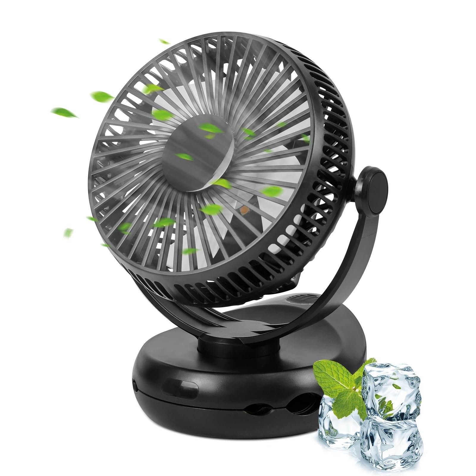 Mini USB-Ventilator Leise 4 Geschwindigkeiten Schwarz 10000mAh Akku 360° Drehung