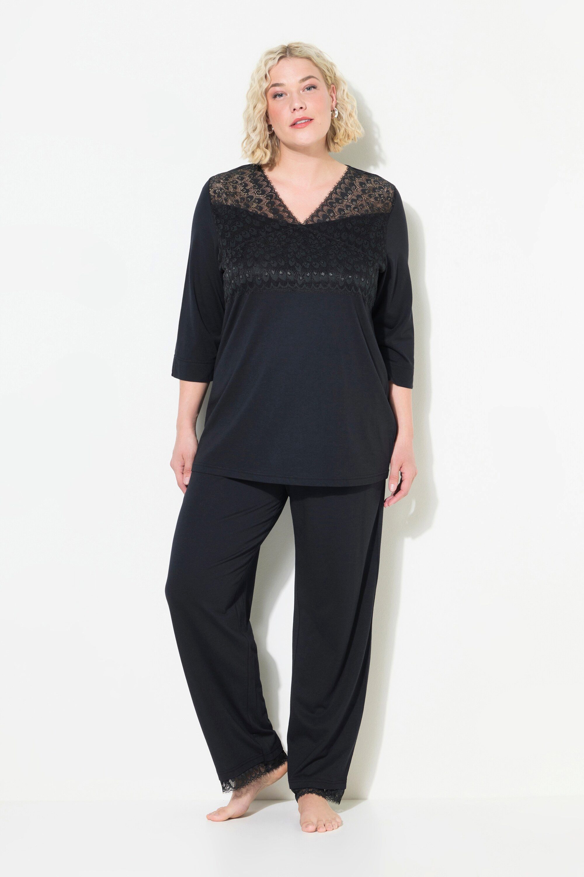 Ulla Popken Pyjama Pyjama Spitzeneinsatz V-Ausschnitt günstig online kaufen