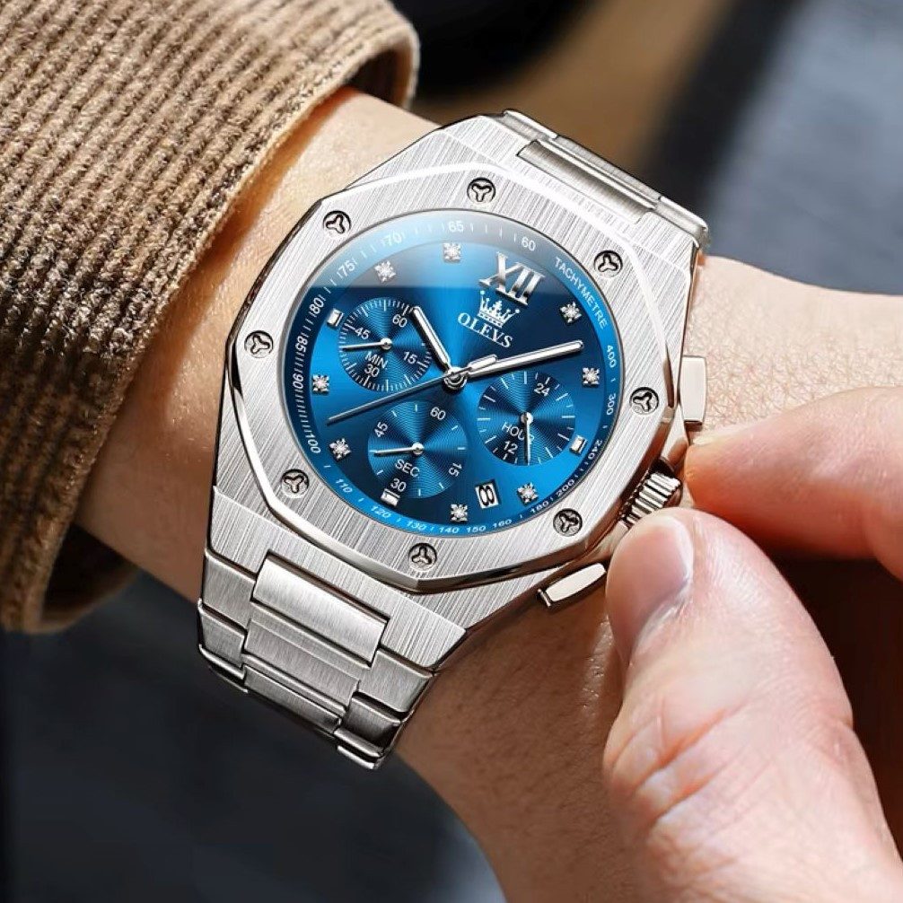 OLEVS Quarzuhr Herrenuhr Olevs Chrono Achtkant-Design Blau