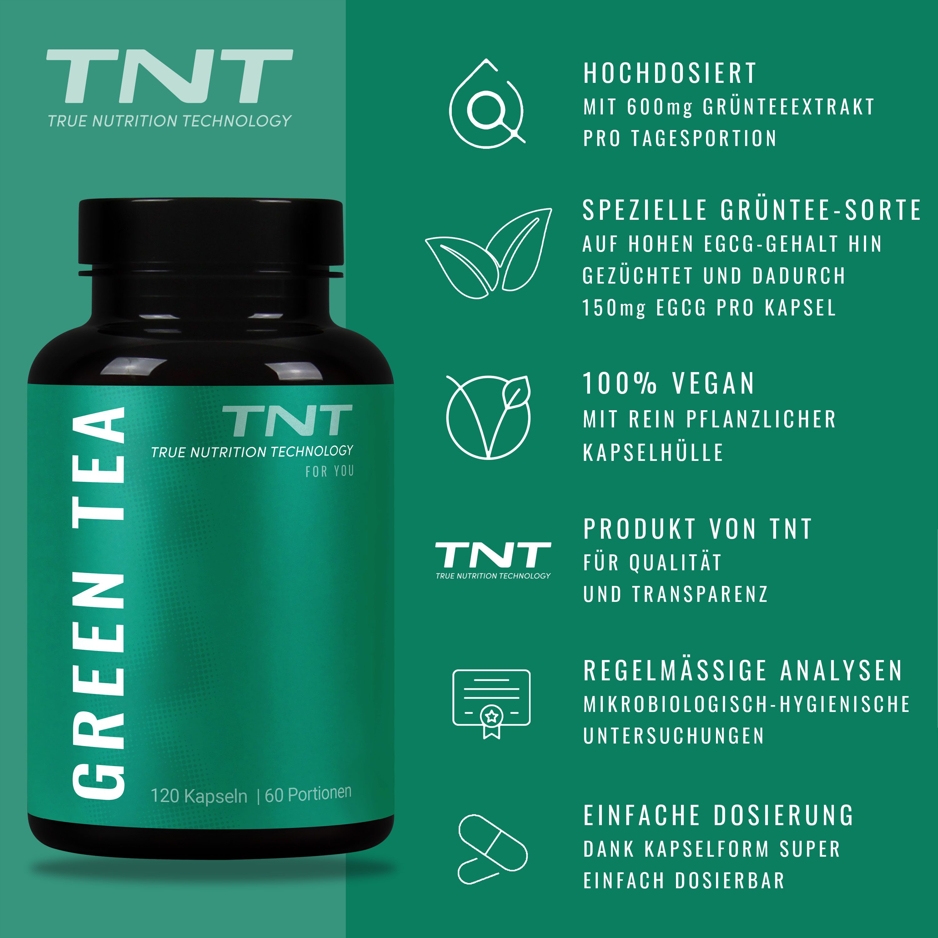 TNT (True Nutrition Technology) Green Tea - hohen EGCG-Gehalt von 150mg/Kapsel Kapseln, 120 St., 72 g