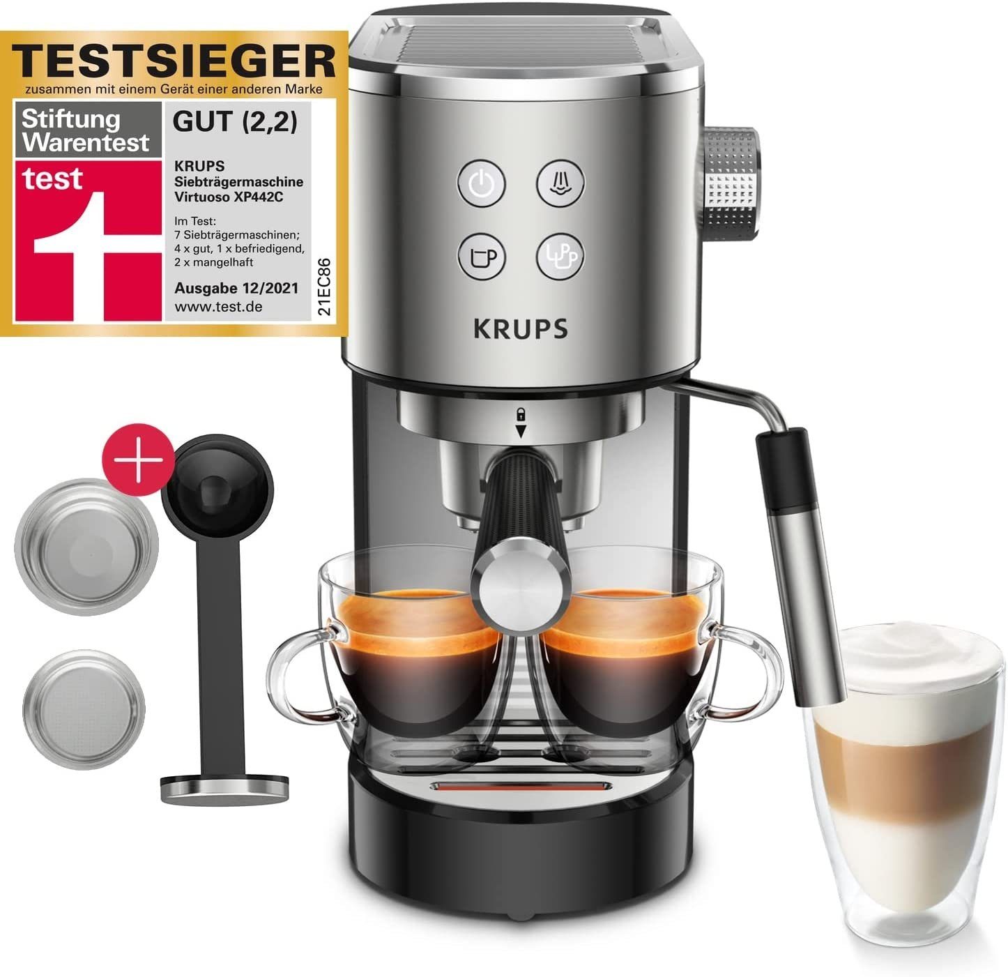 Krups Espressomaschine XP442C, 1l Kaffeekanne, Filtereinsatz automatischer  Abschaltung, ESE Kaffeepads geeignet Edelstahl, 15 Bar + Tamper,  Milchschaumdüse