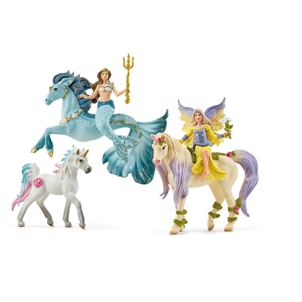 Schleich® Tierfigur BAYALA (Starter Set, 3 St., Starter Set, Unicorns & Fairies), Beweglicher Arm und Magnethalterung für die Reiterfigur