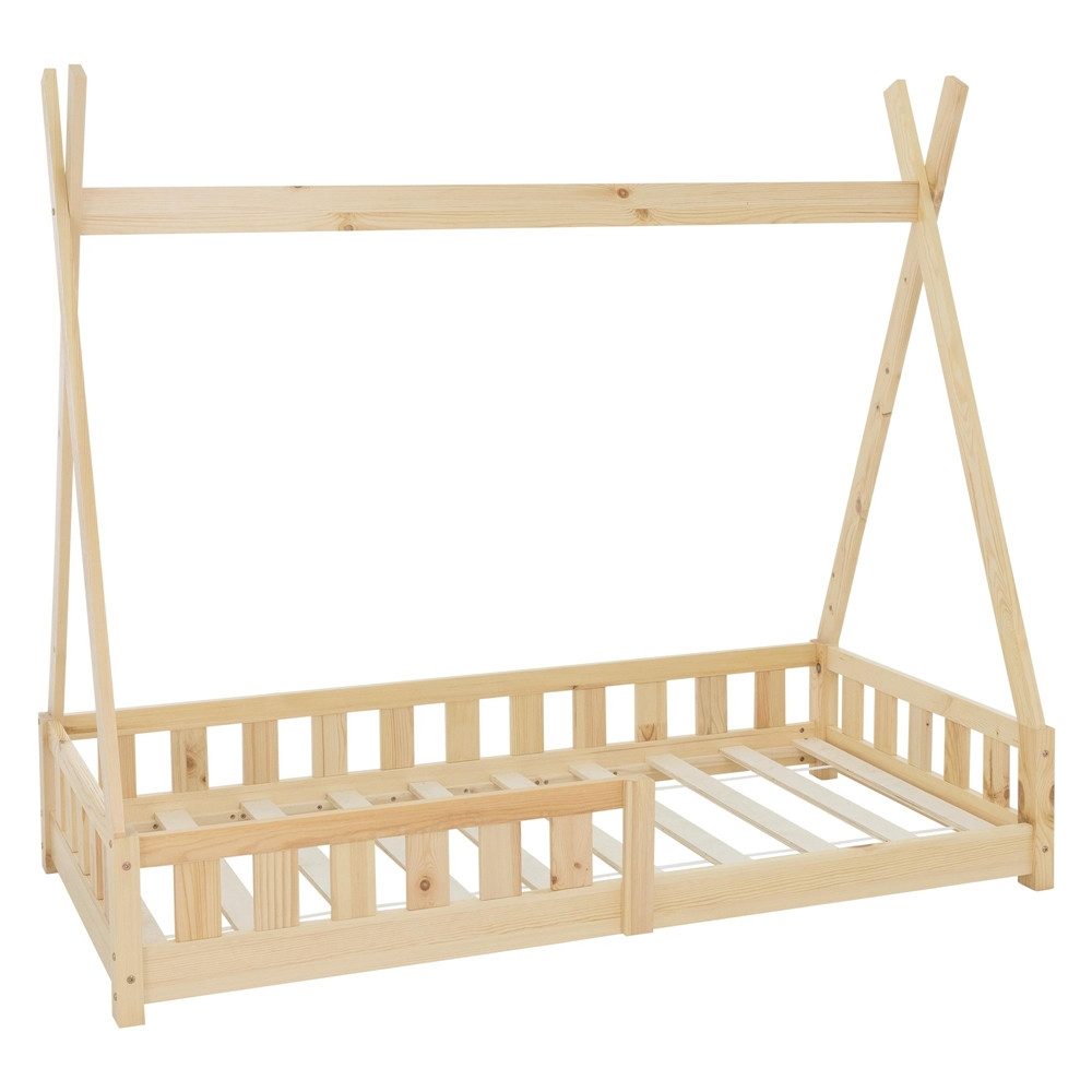 ML-DESIGN Spielbett Hausbett Tipi Zeltbett inkl. Lattenrost Bodenbett Kinder Himmelbett, Abenteuerbett mit Rausfallschutz Zelt Kinderbett Kiefer Natur