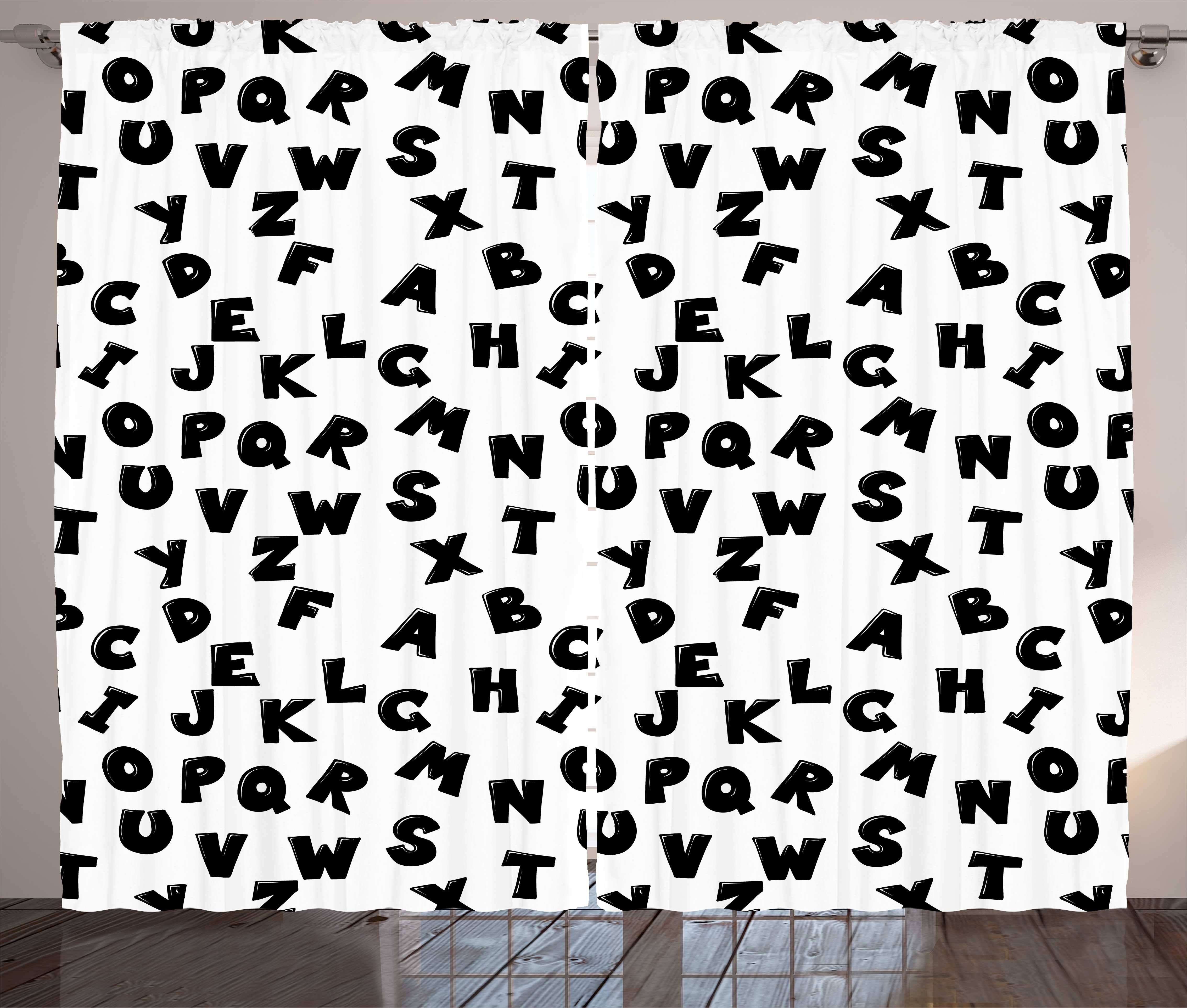 Gardine Schlafzimmer Kräuselband Vorhang mit Schlaufen und Haken, Abakuhaus, Alphabet Schwarzen Buchstaben Verstreut